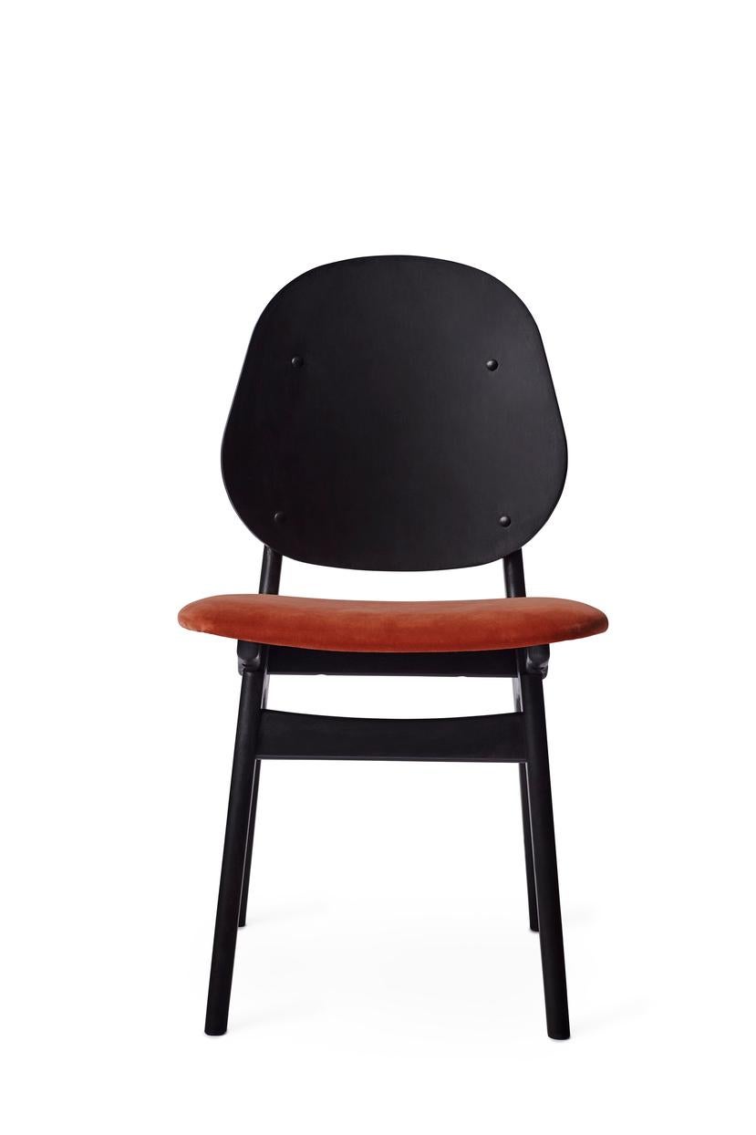 Noble chair Black Lacquered Beech Brick Red by Warm Nordic
Dimensions: D55 x W47 x H 85 cm
Material: Black lacquered solid beech, Veneer seat and back, Textile upholstery.
Weight: 7.5 kg
Also available in different colors and finishes. 

An