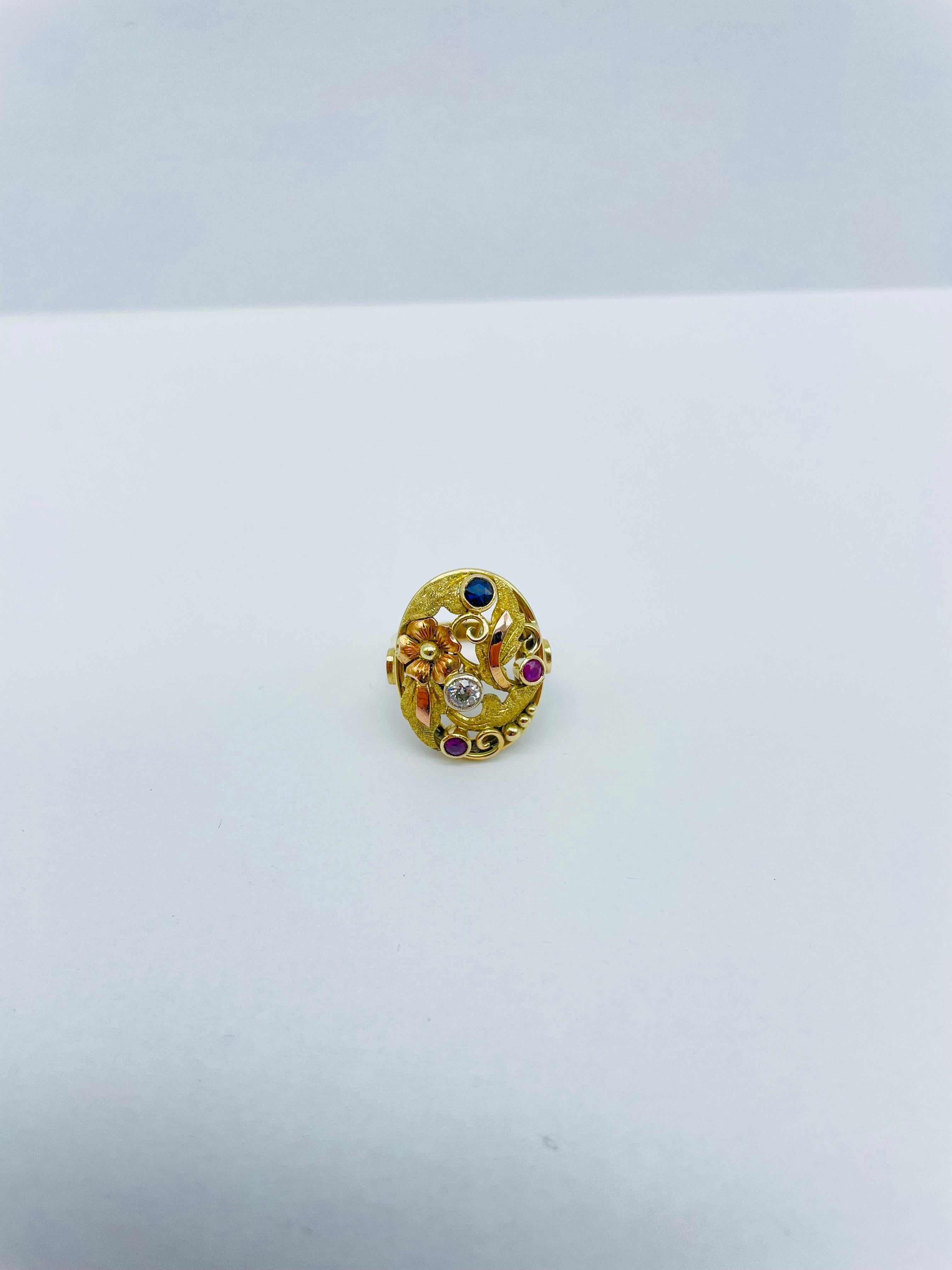 Old European Cut Noble Cocktail Ring/Garden Ring 14k Gold Ring For Sale
