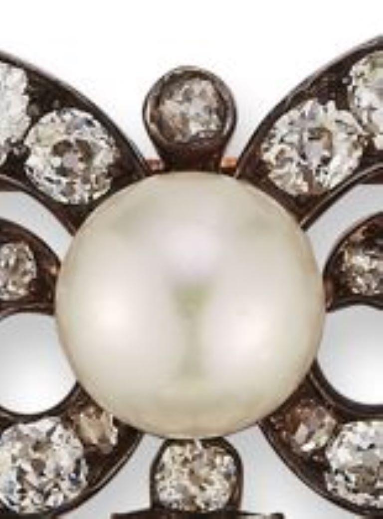 Old European Cut Noble Collection Natural Pearl and Diamond Brooch For Sale