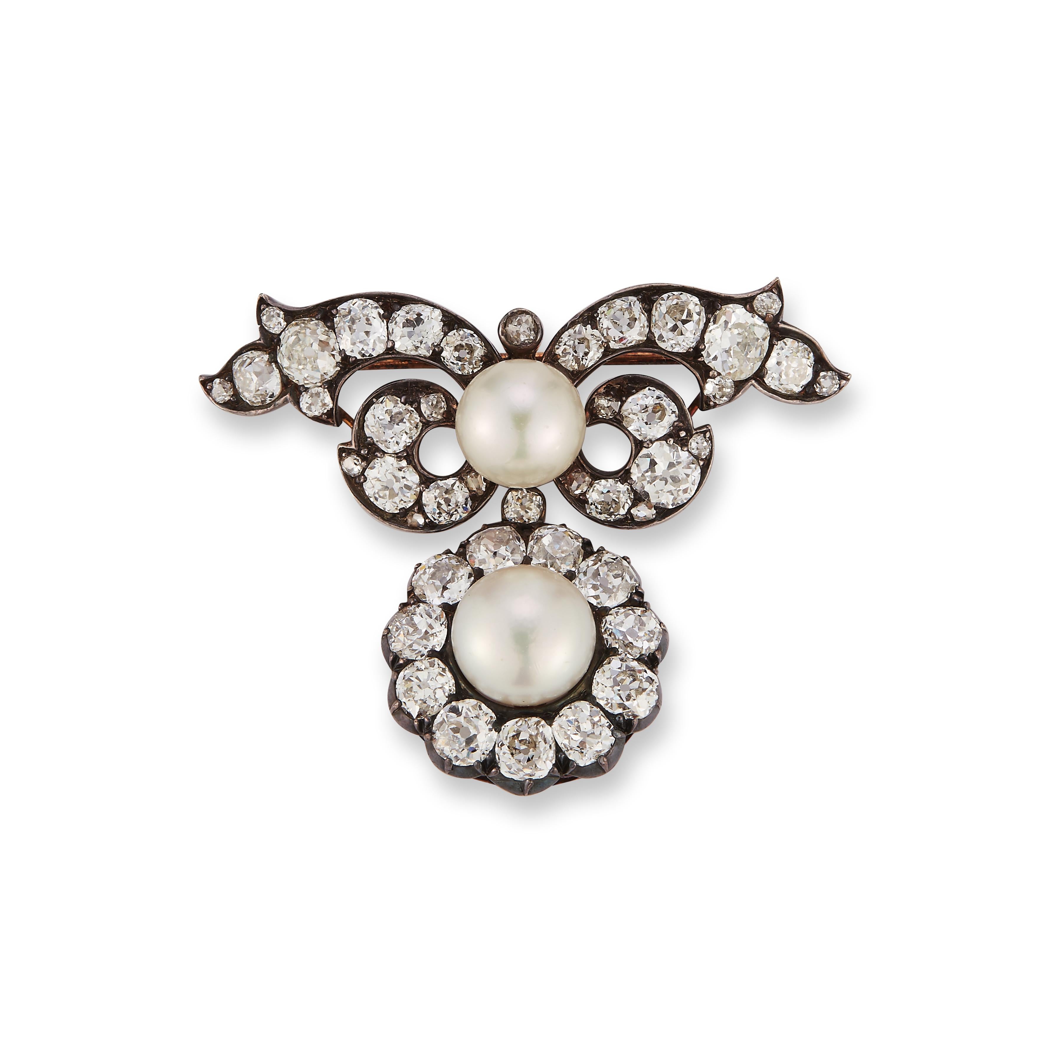 Noble Collection Natural Pearl and Diamond Brooch In Excellent Condition For Sale In Greenwich, CT