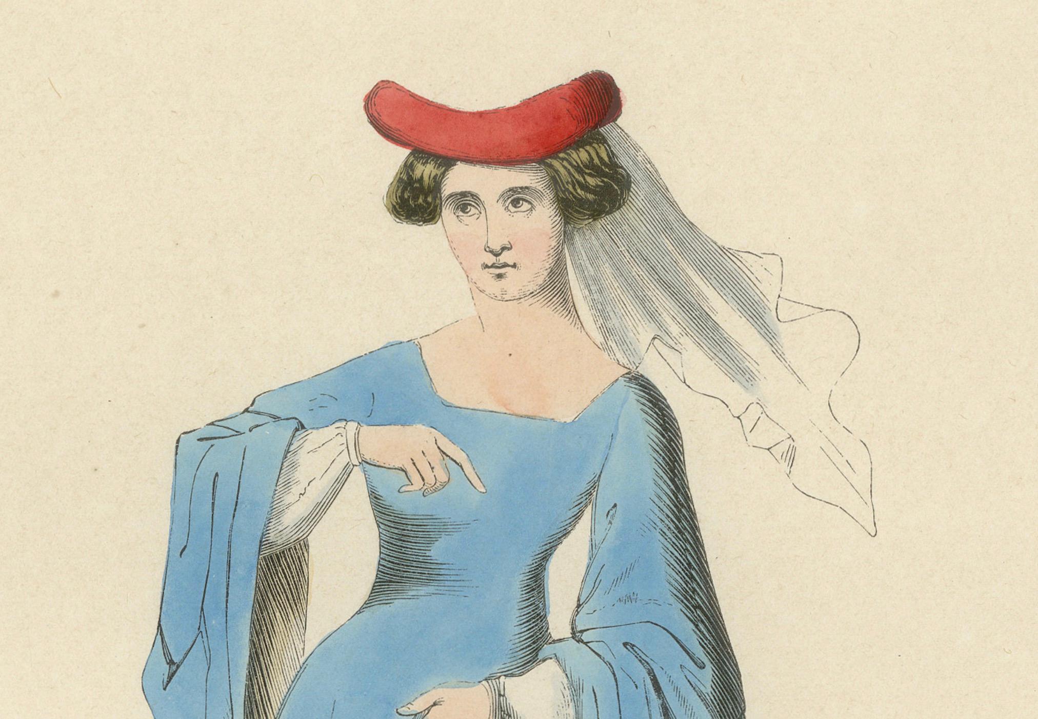 Damsel du Moyen Âge en robe et coiffe traditionnelles bleues, 1847 Bon état - En vente à Langweer, NL