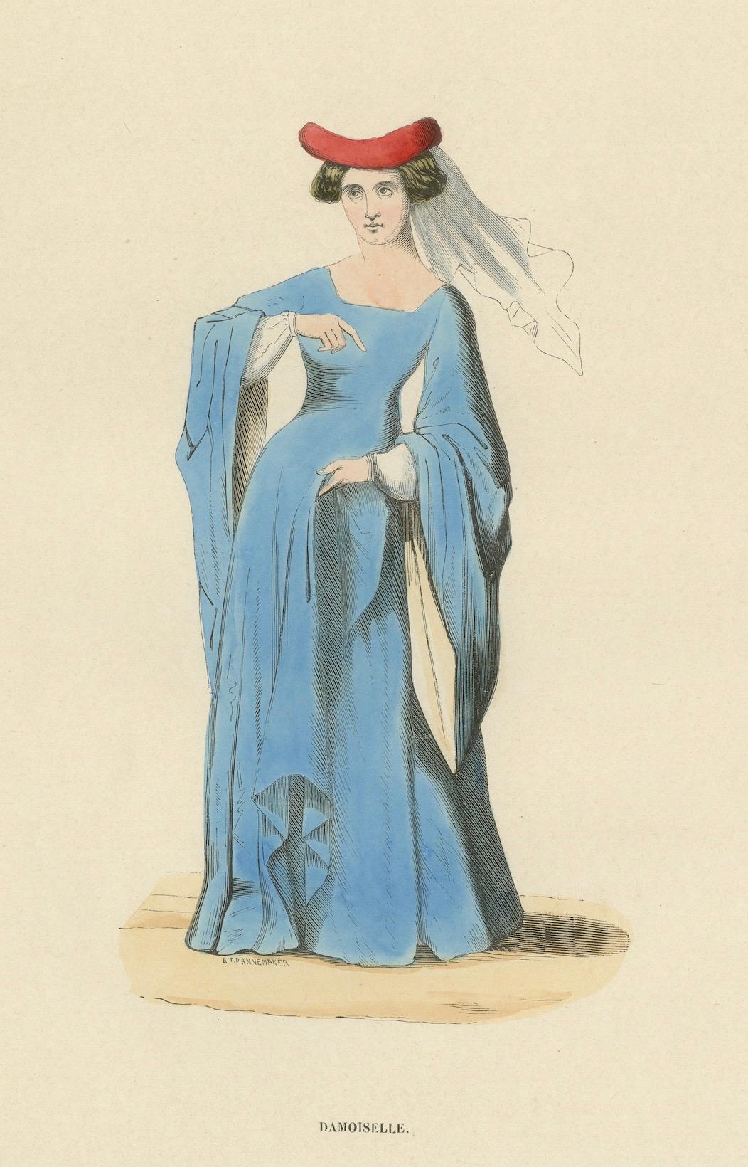 Mid-19th Century Noble Damsel of the Middle Ages in Traditional Blue Gown and Headdress, 1847 For Sale