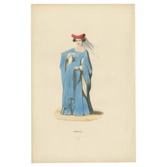 Antique Noble Damsel of the Middle Ages in Traditional Blue Gown and Headdress, 1847