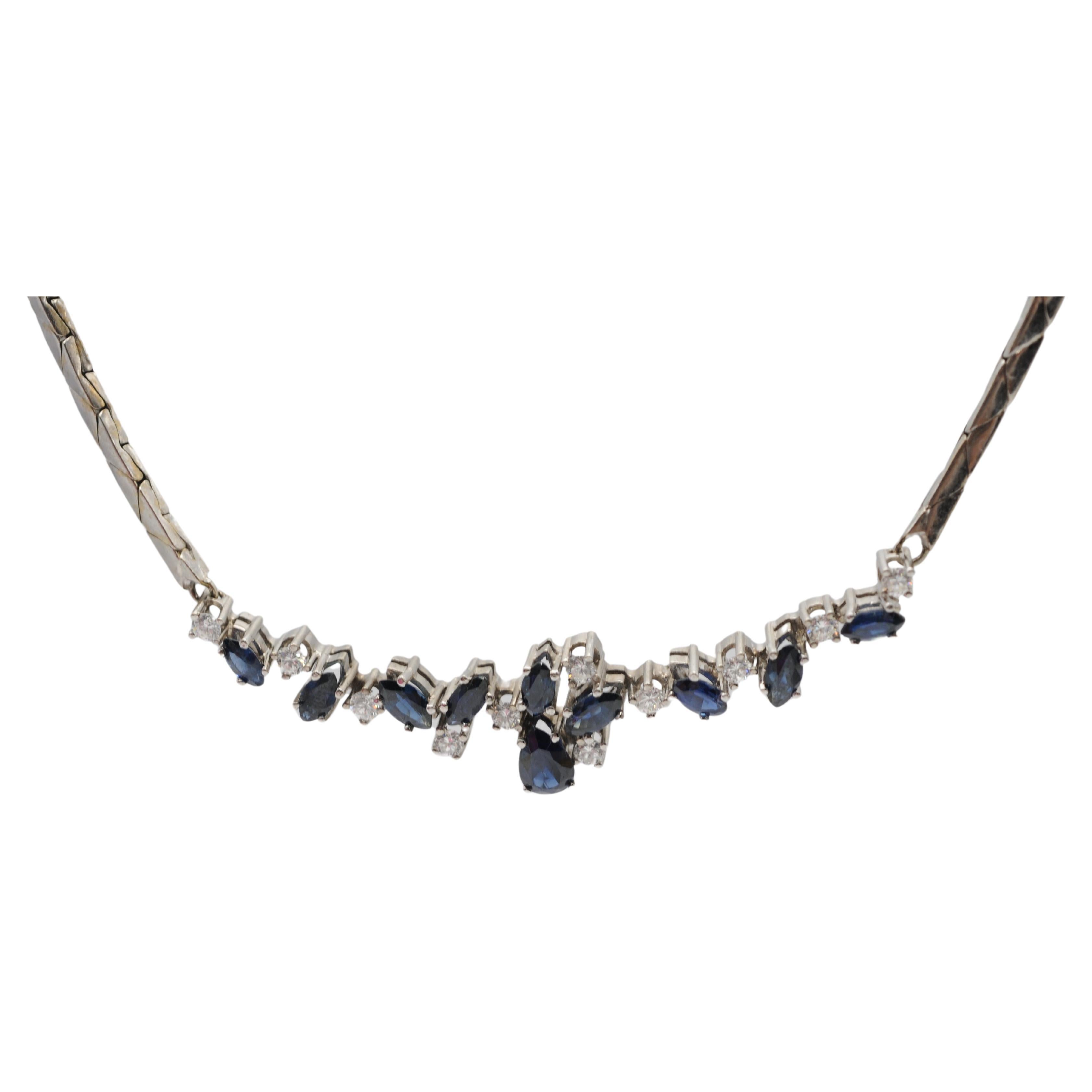 Noble diamond blue sapphire necklace in 14k white gold For Sale 6