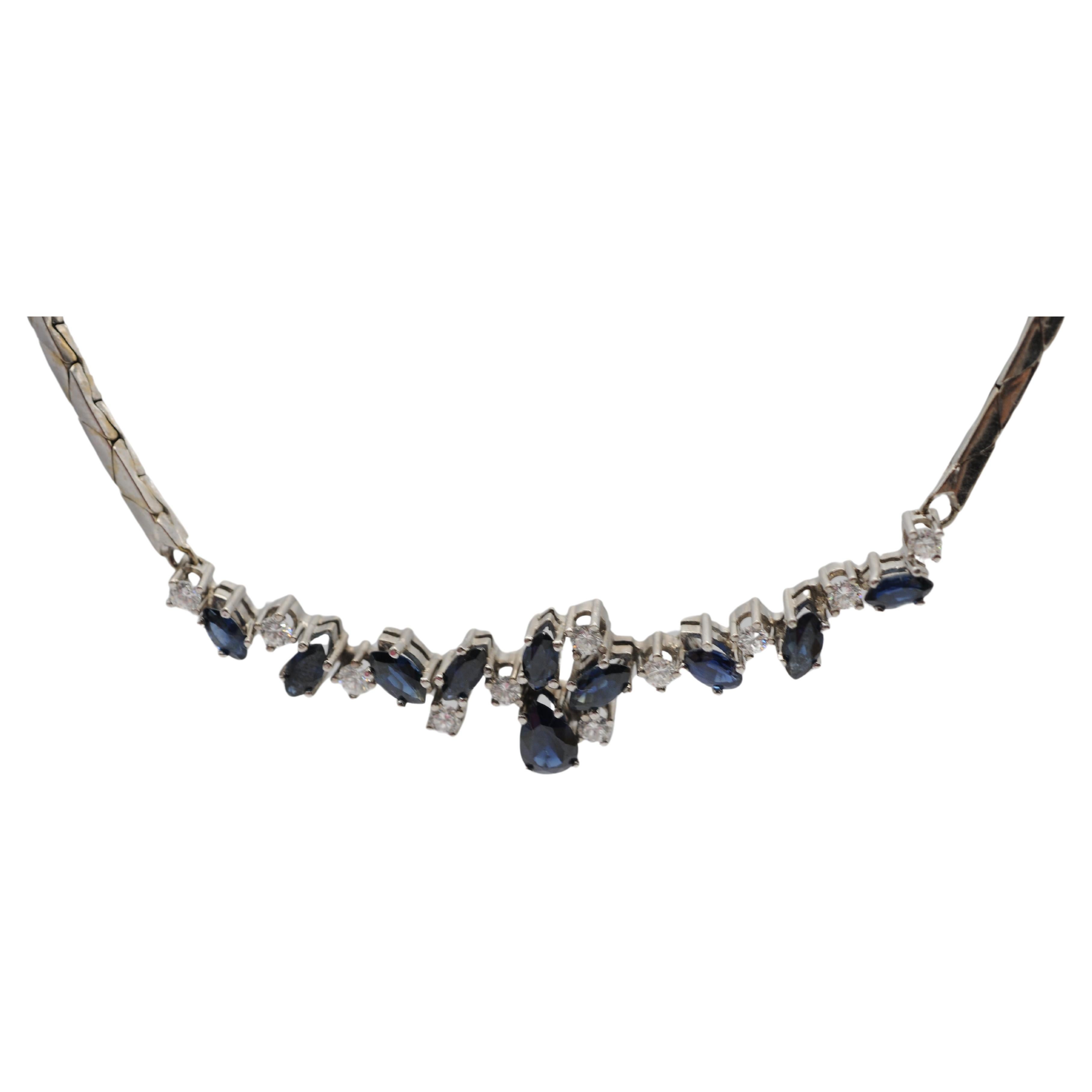 Noble diamond blue sapphire necklace in 14k white gold For Sale 7