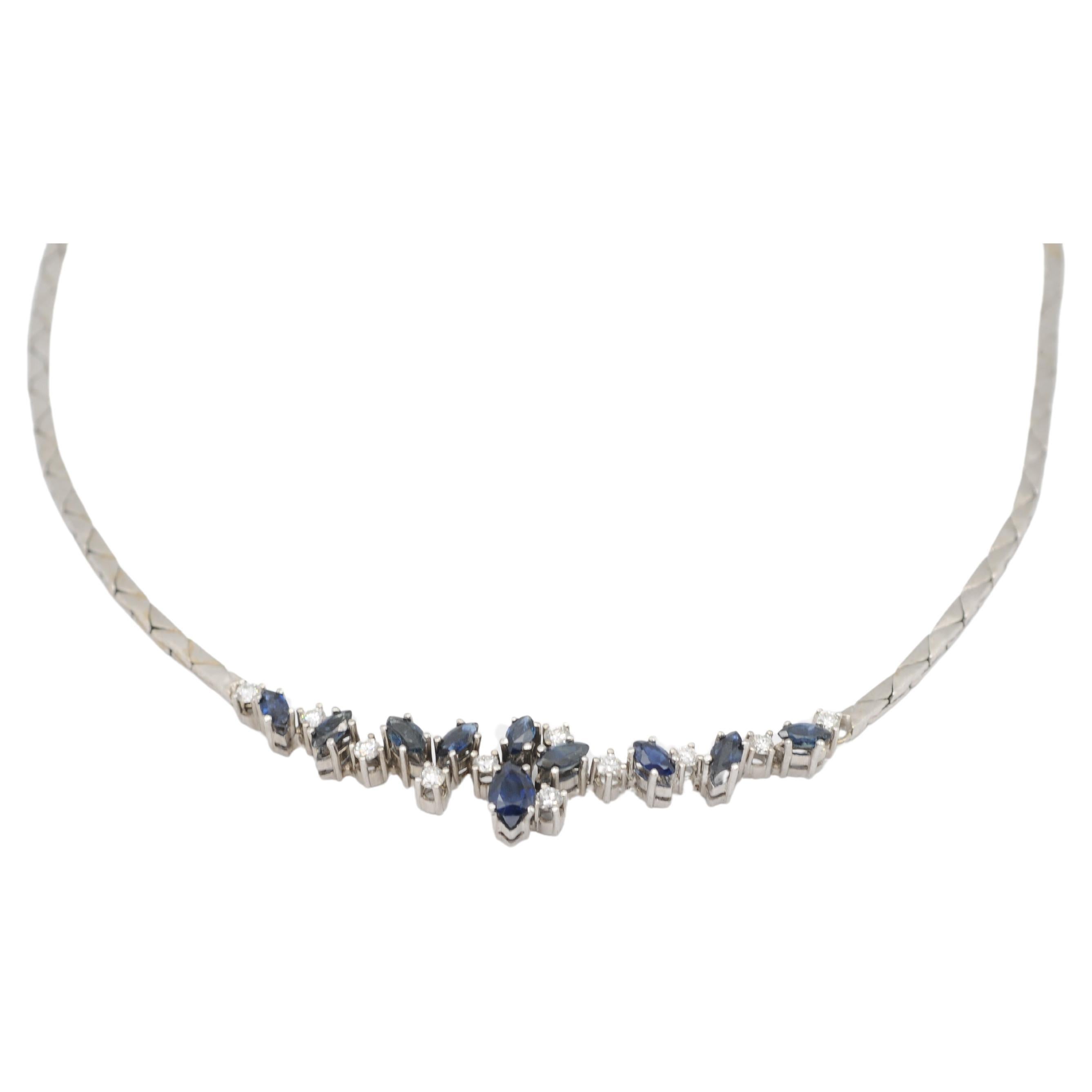 Noble diamond blue sapphire necklace in 14k white gold For Sale 8