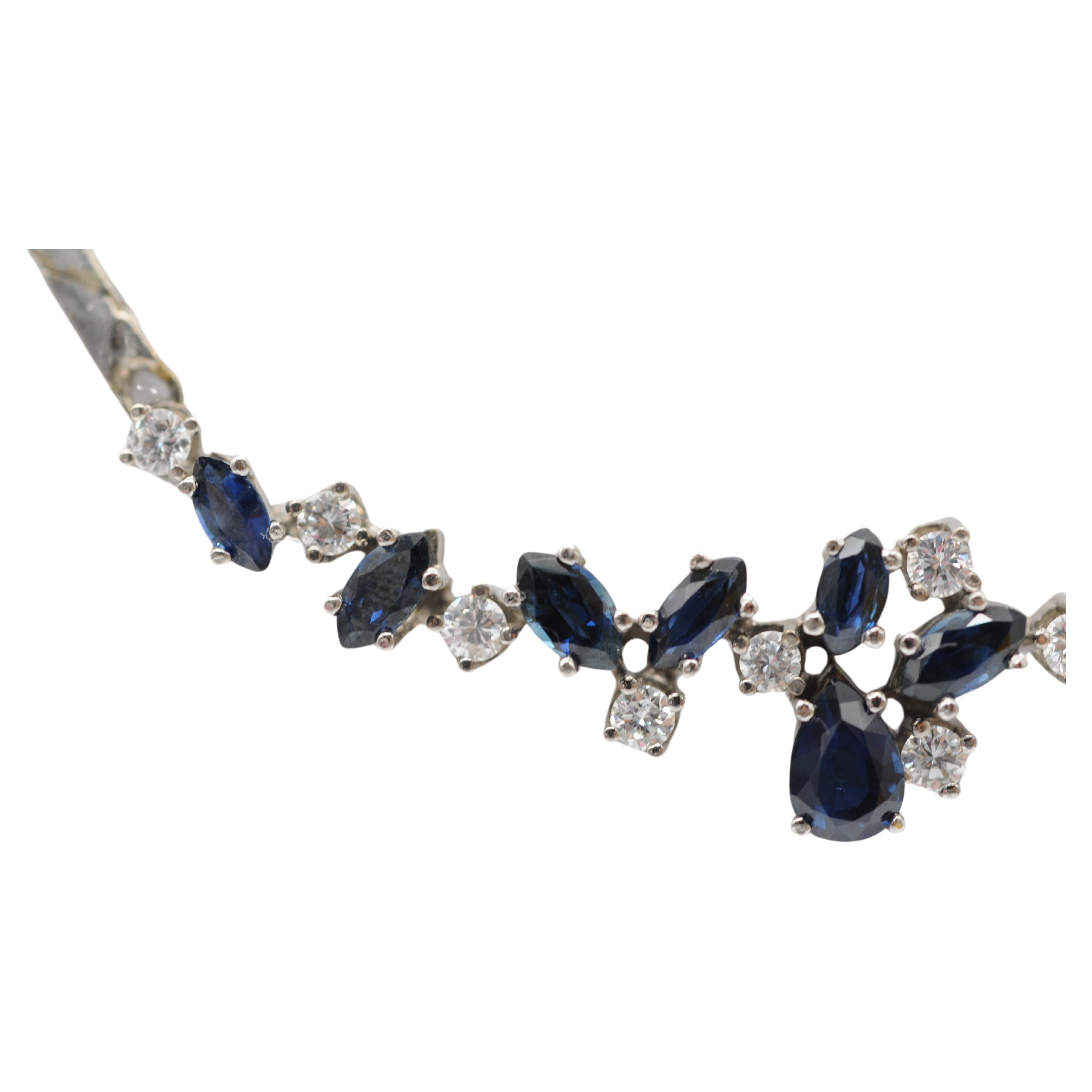 Mixed Cut Noble diamond blue sapphire necklace in 14k white gold For Sale