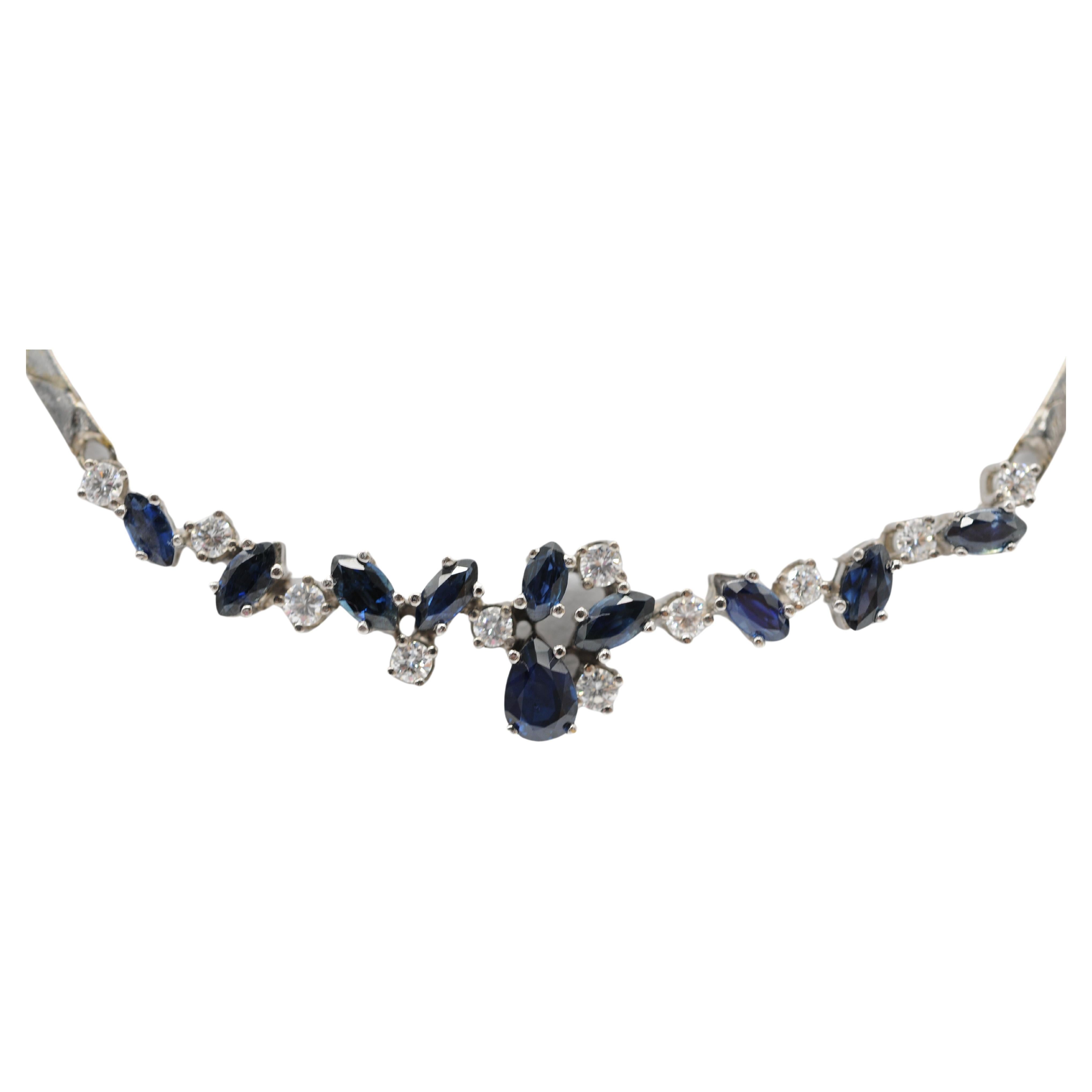 Women's or Men's Noble diamond blue sapphire necklace in 14k white gold For Sale
