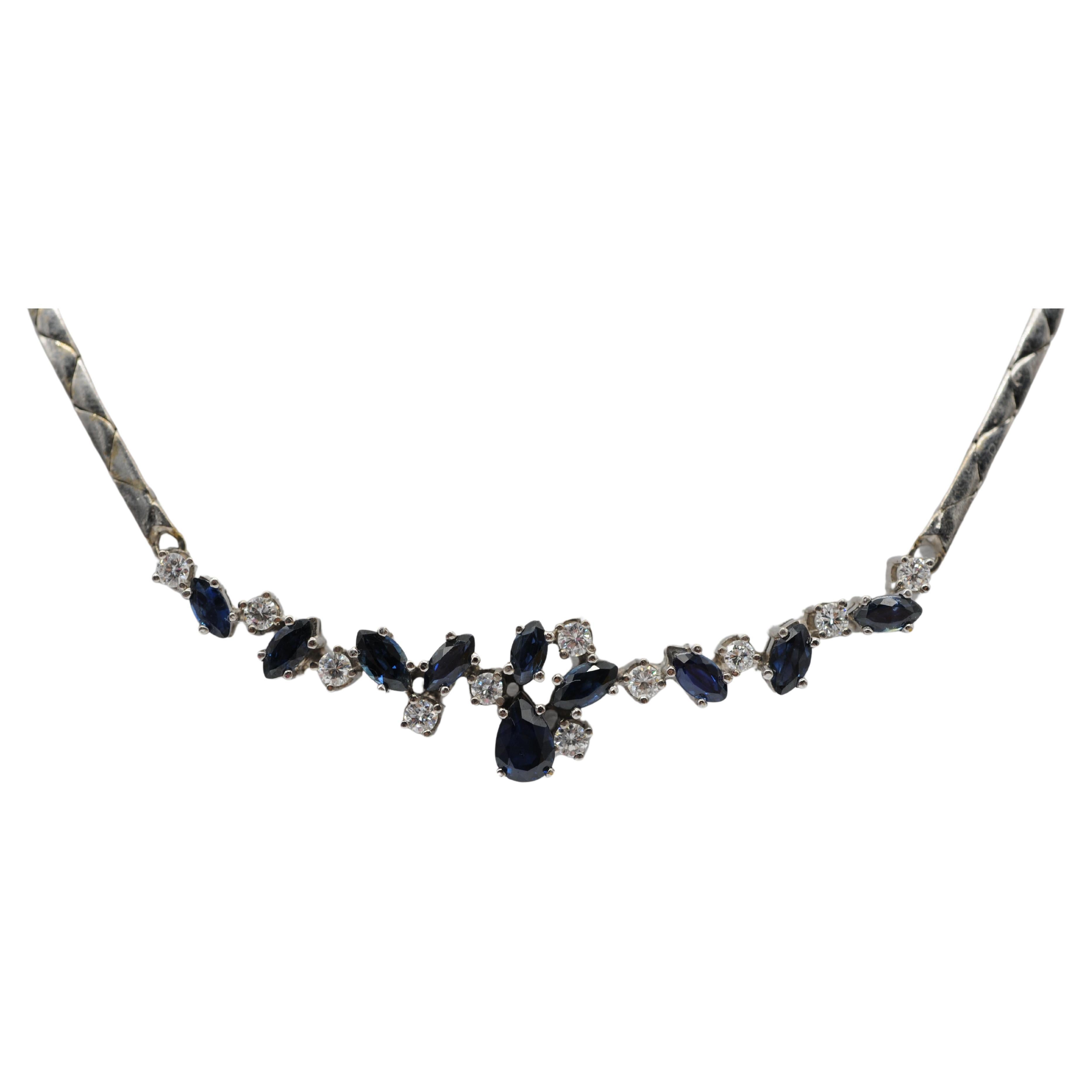 Noble diamond blue sapphire necklace in 14k white gold For Sale 2