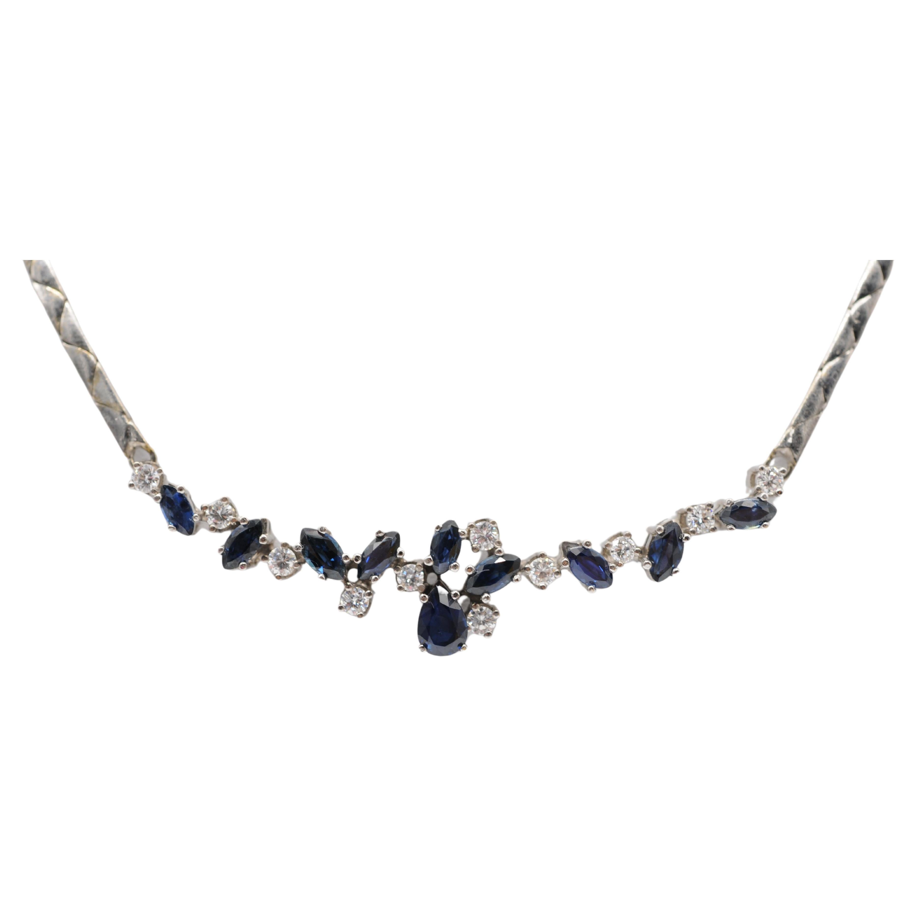 Noble diamond blue sapphire necklace in 14k white gold