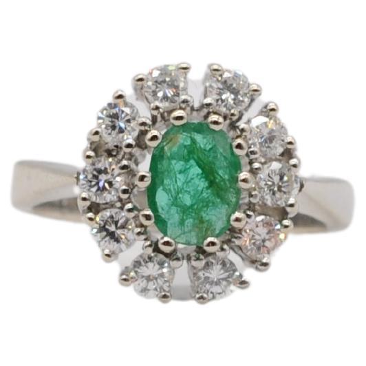 Noble Emerald 14k white gold ring with 10 diamonds  For Sale