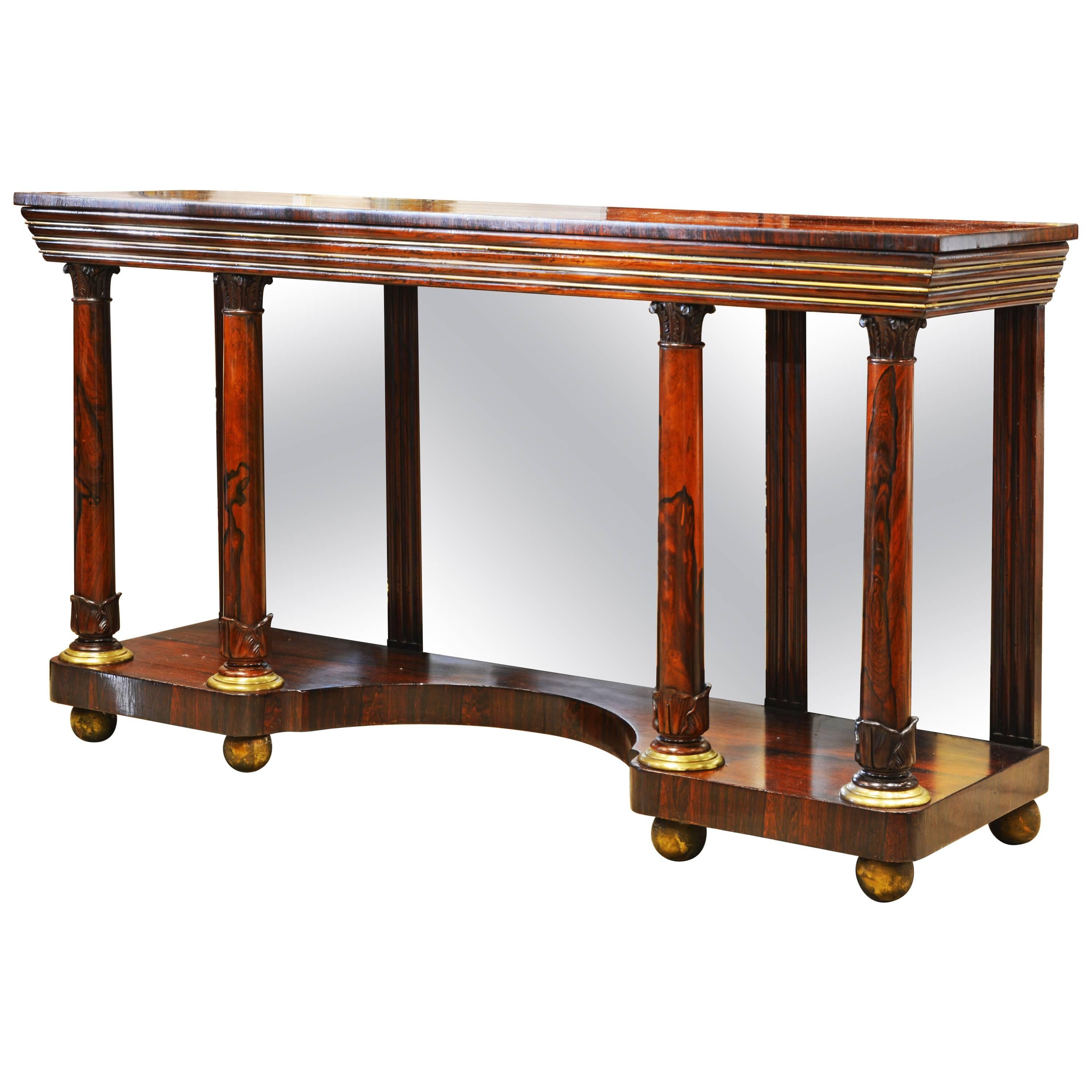Noble English 19th Century Rosewood, Brass Trimmed and Mirrored Console Table