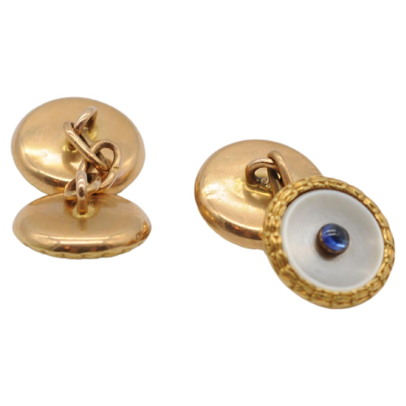 Aesthetic Movement Noble Gold Cufflinks with sapphire and pearl For Sale