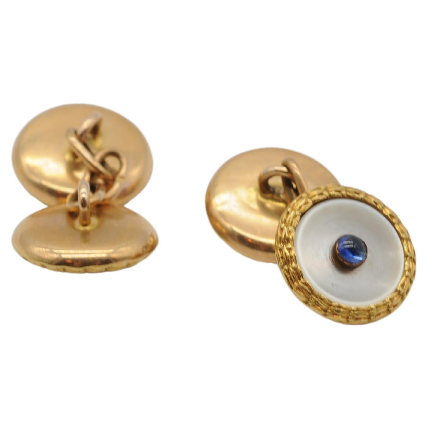 Ball Cut Noble Gold Cufflinks with sapphire and pearl For Sale