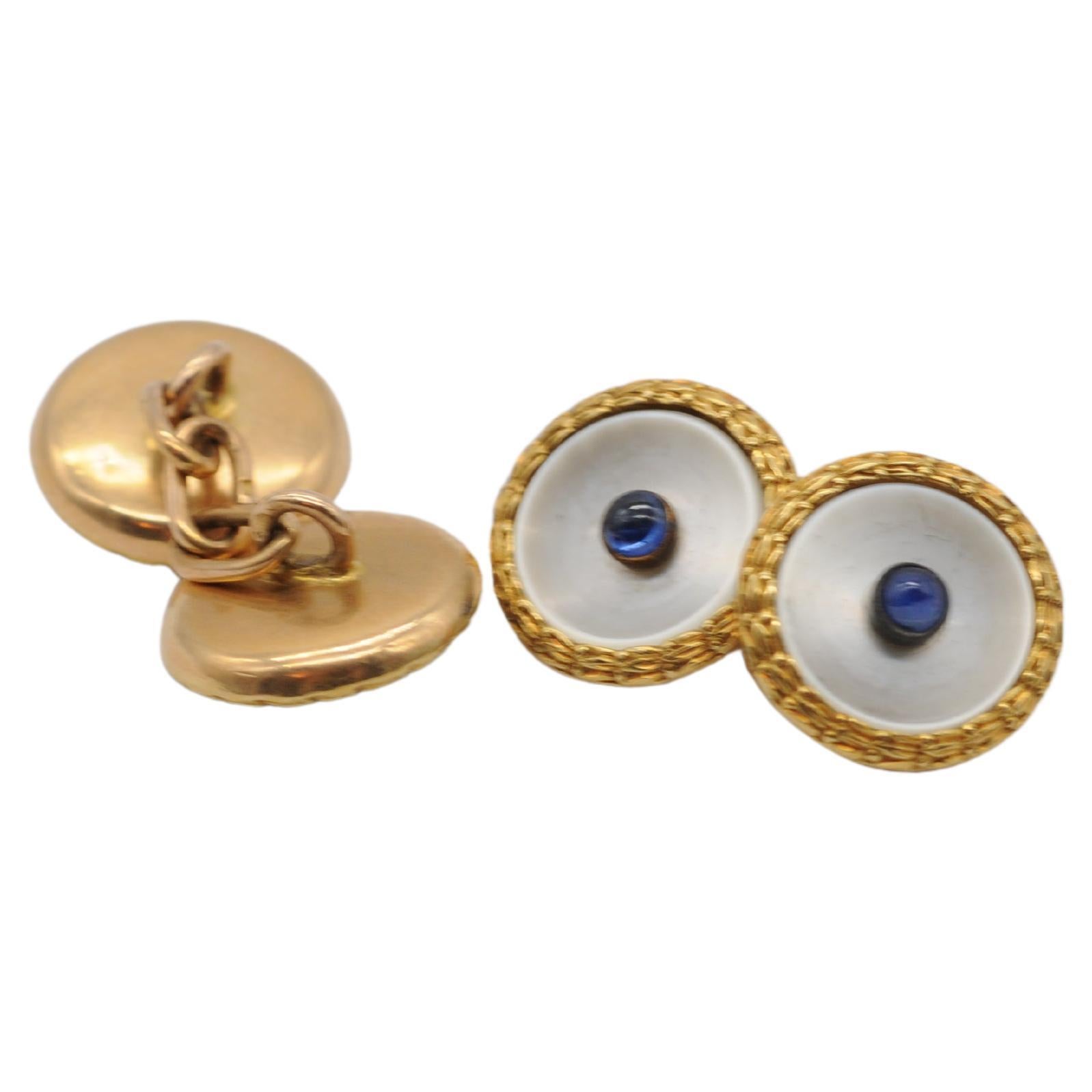 Women's or Men's Noble Gold Cufflinks with sapphire and pearl For Sale
