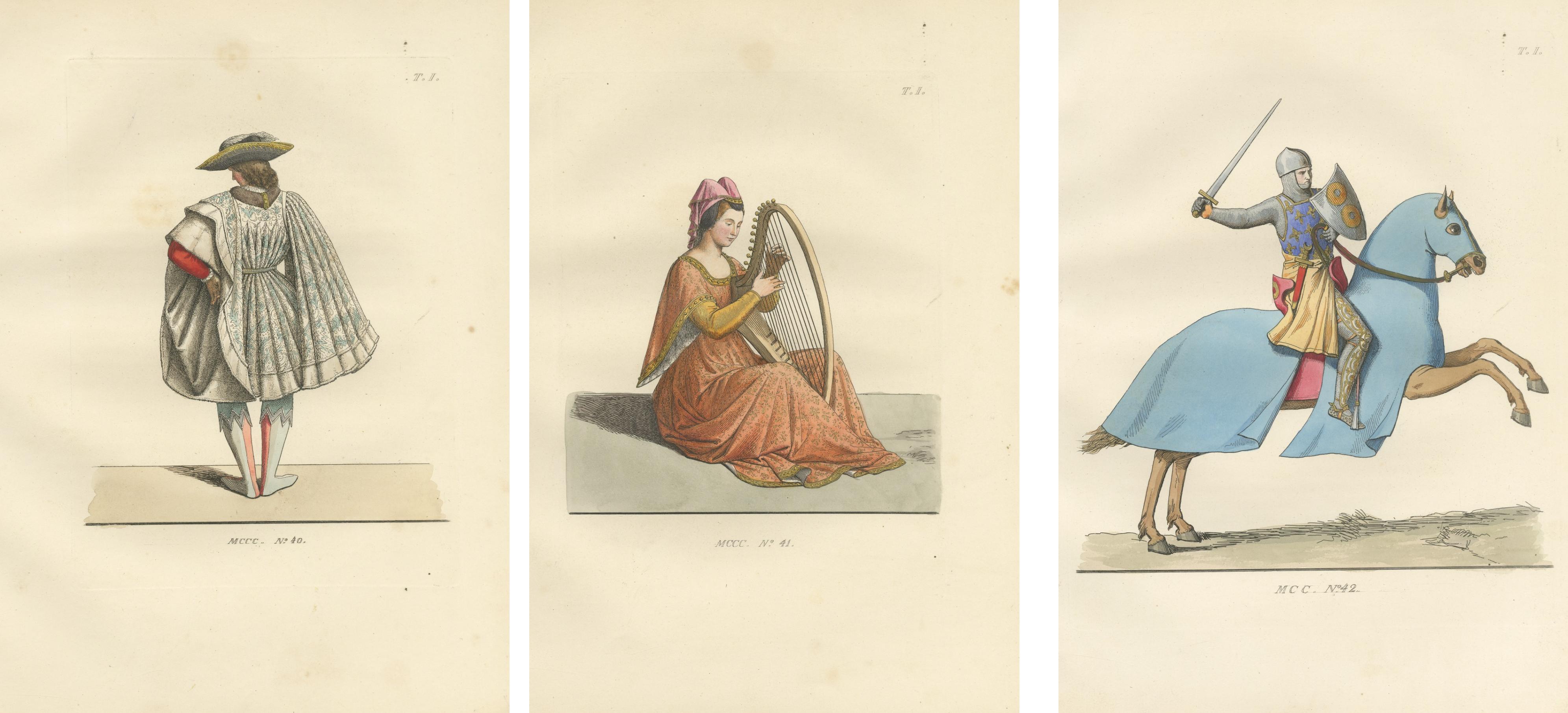 Noble Grace and Martial Power: Italian Aristocrats and a French Knight

Description:
This exquisite set of three hand-colored costume prints from 1845 brings together the elegance of noble Italian dress with the bold grandeur of French chivalric