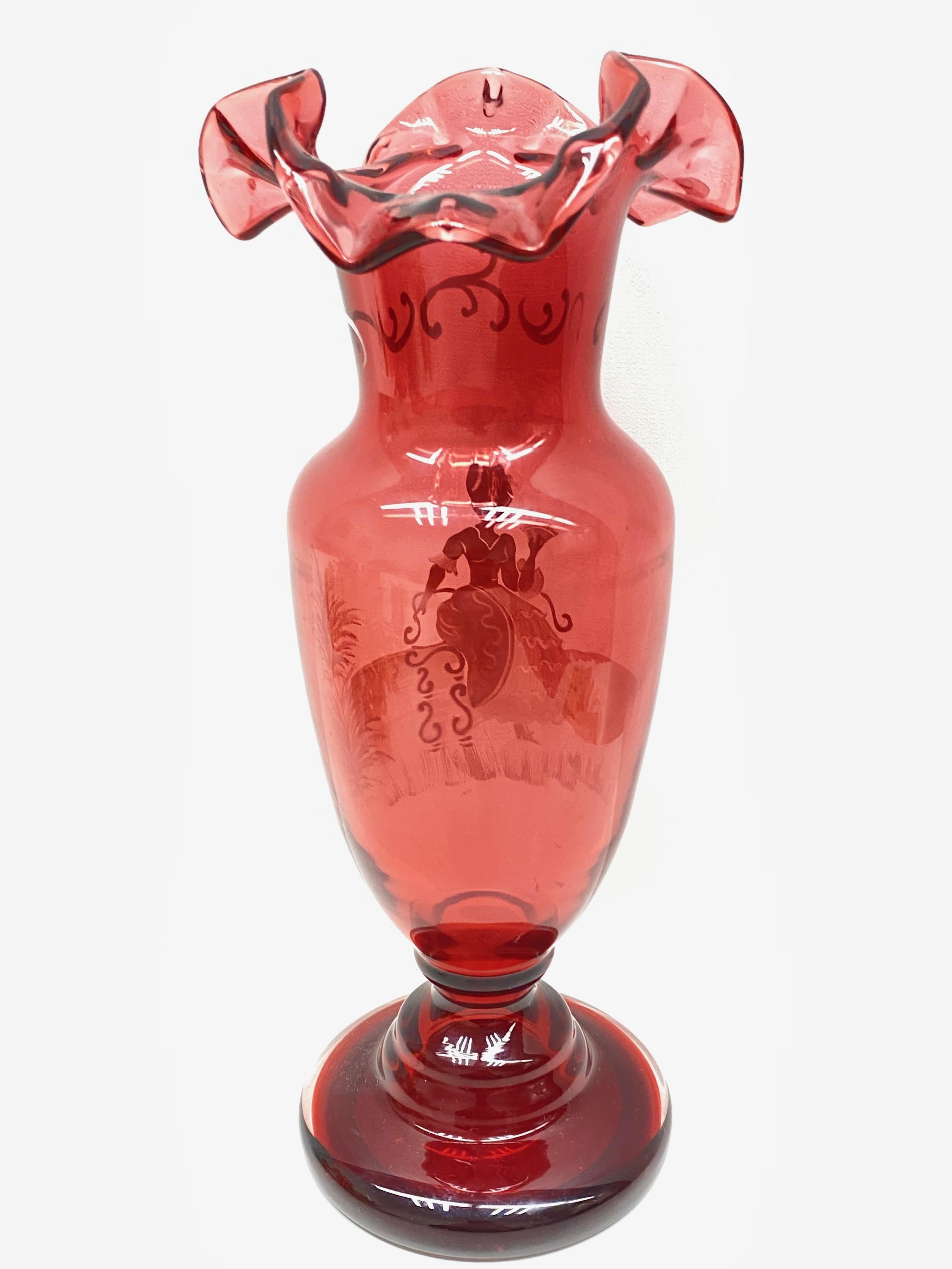Allemand Vase en verre émaillé canneberge de la noble Lady Mary Gregory, ancien, allemand, années 1910 en vente