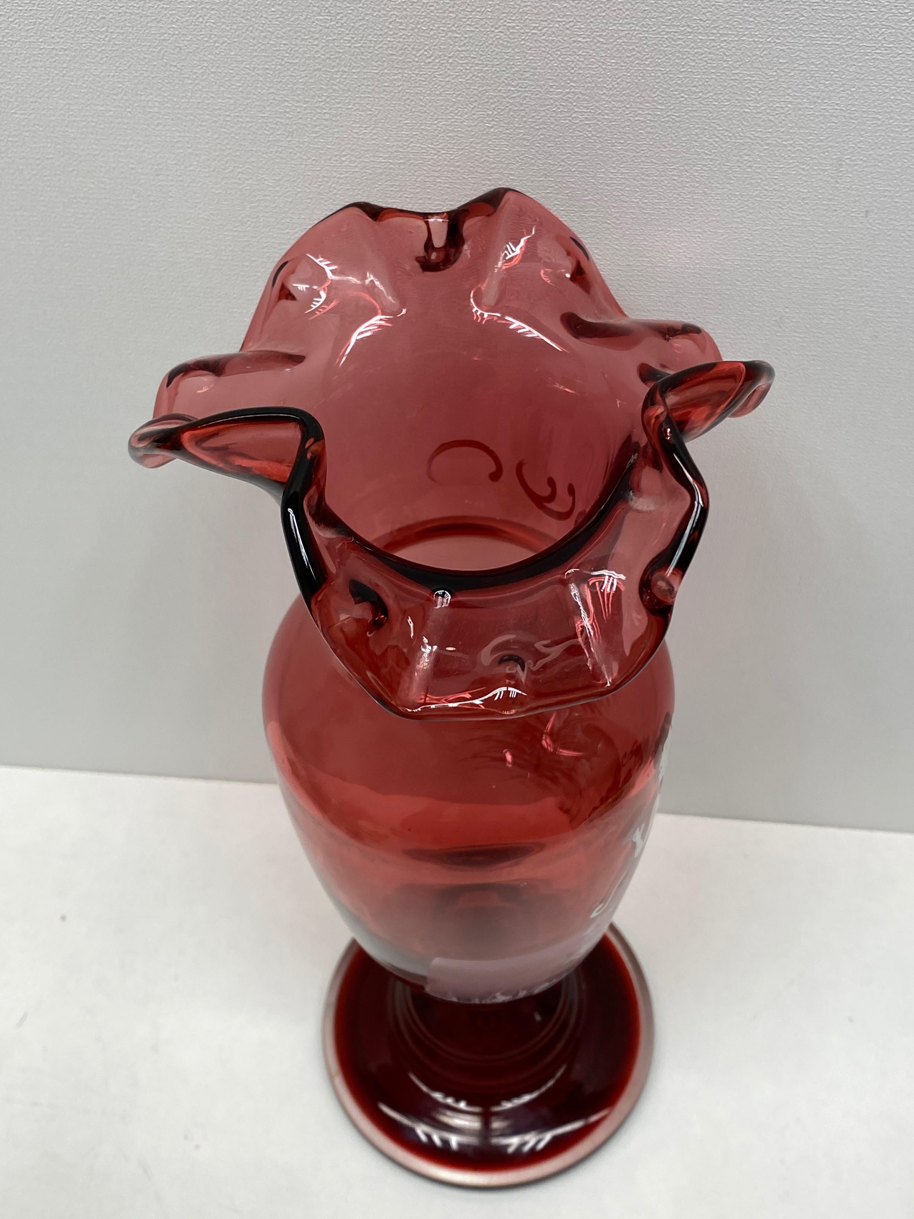 Art Nouveau Noble Lady Mary Gregory Cranberry Enamel Glass Vase, Antique, German, 1910s For Sale