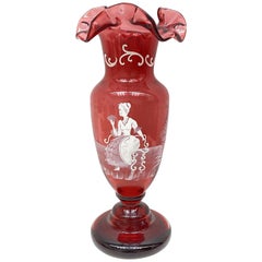 Noble Lady Mary Gregory Cranberry Enamel Glass Vase, Antique, German, 1910s