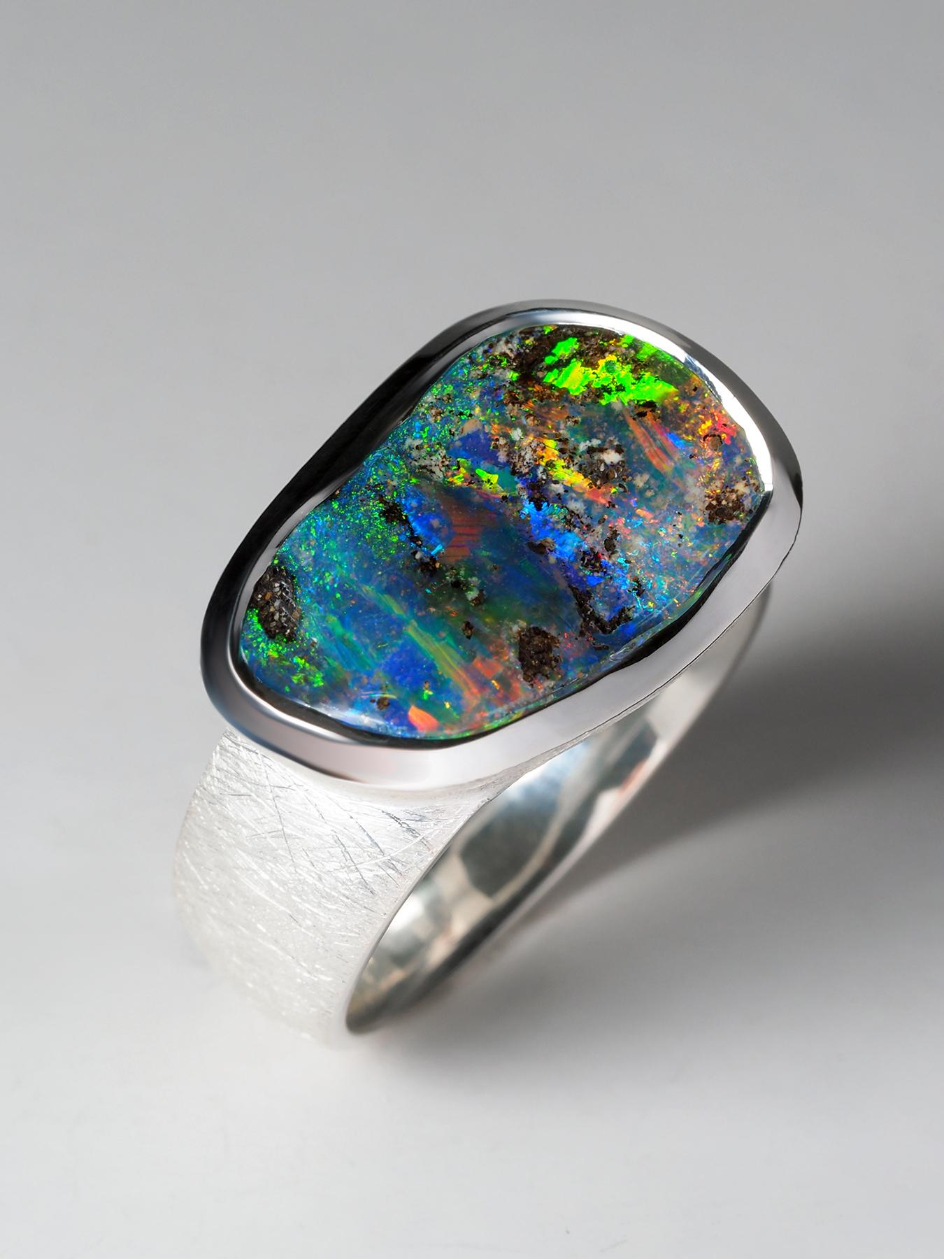 Oval Cut Noble opal ring Precious australian Boulder Opal genuine