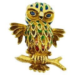 Vintage Noble Owl Brooch, 18k Yellow Gold