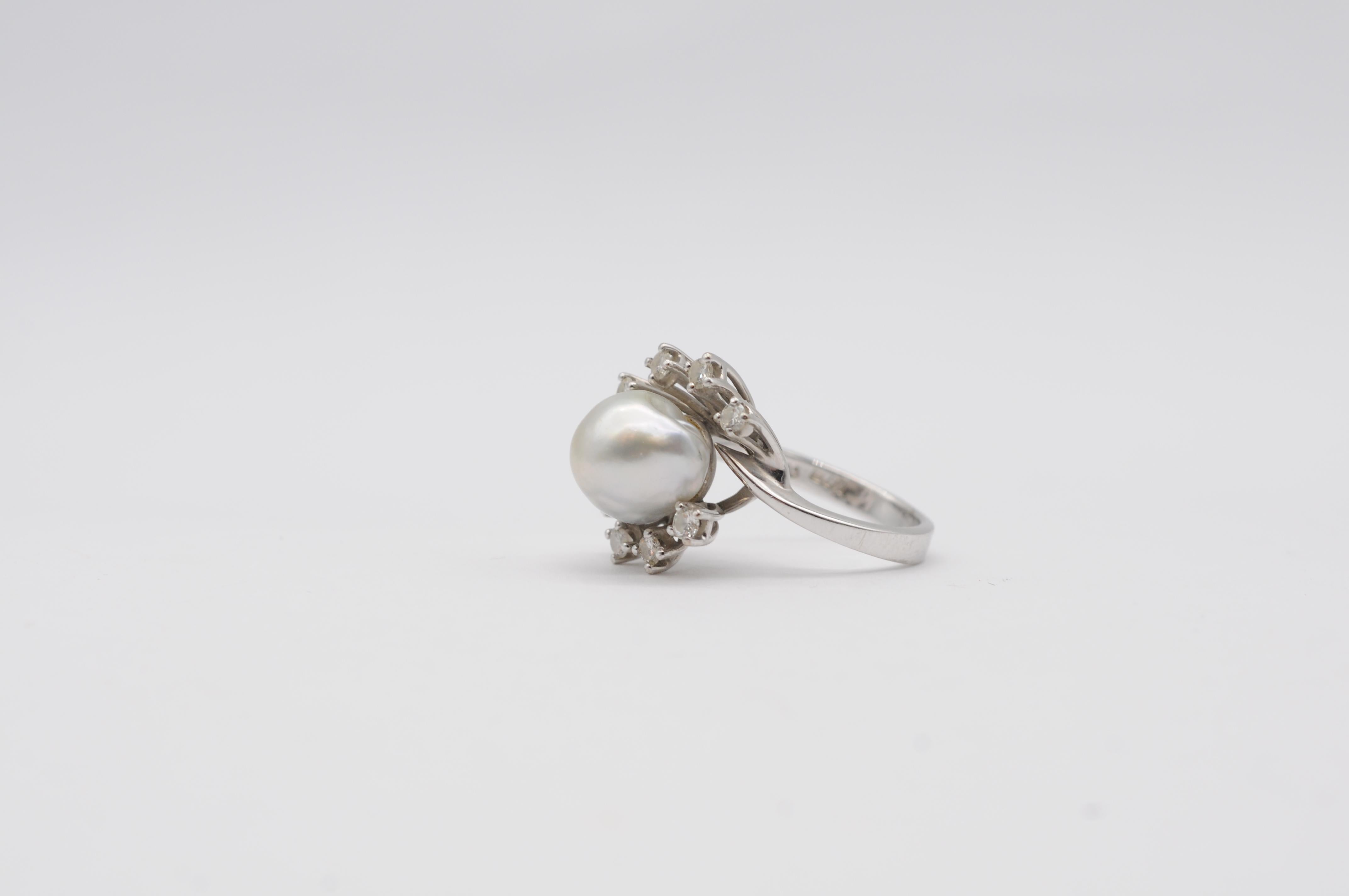 noble pearl and diamond ring in 14k white gold For Sale 1