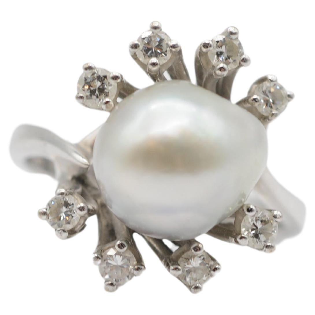noble pearl and diamond ring in 14k white gold For Sale