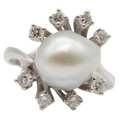 noble pearl and diamond ring in 14k white gold