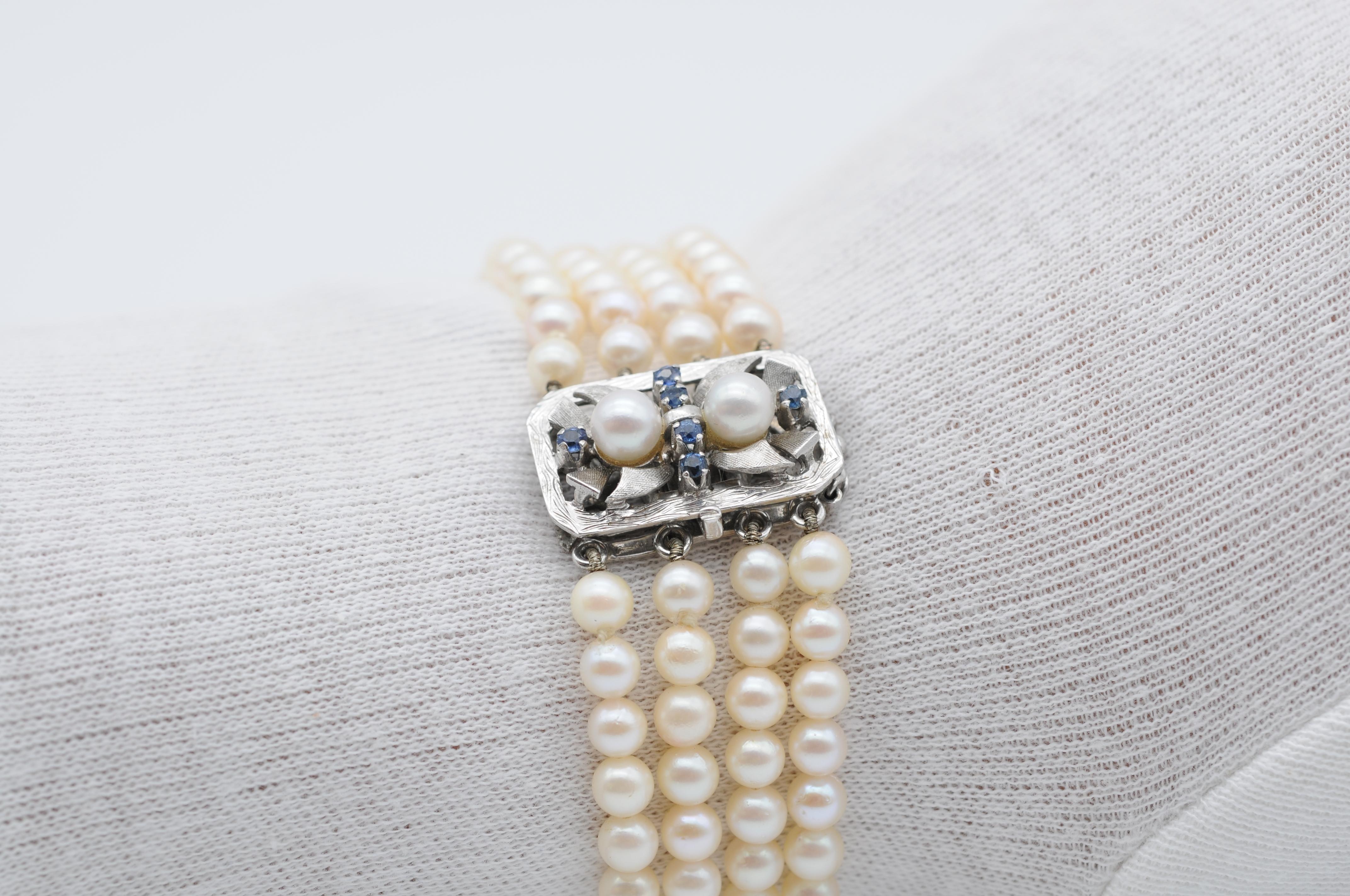 Bracelet de perles nobles, or blanc 14 carats et saphirs en vente 11