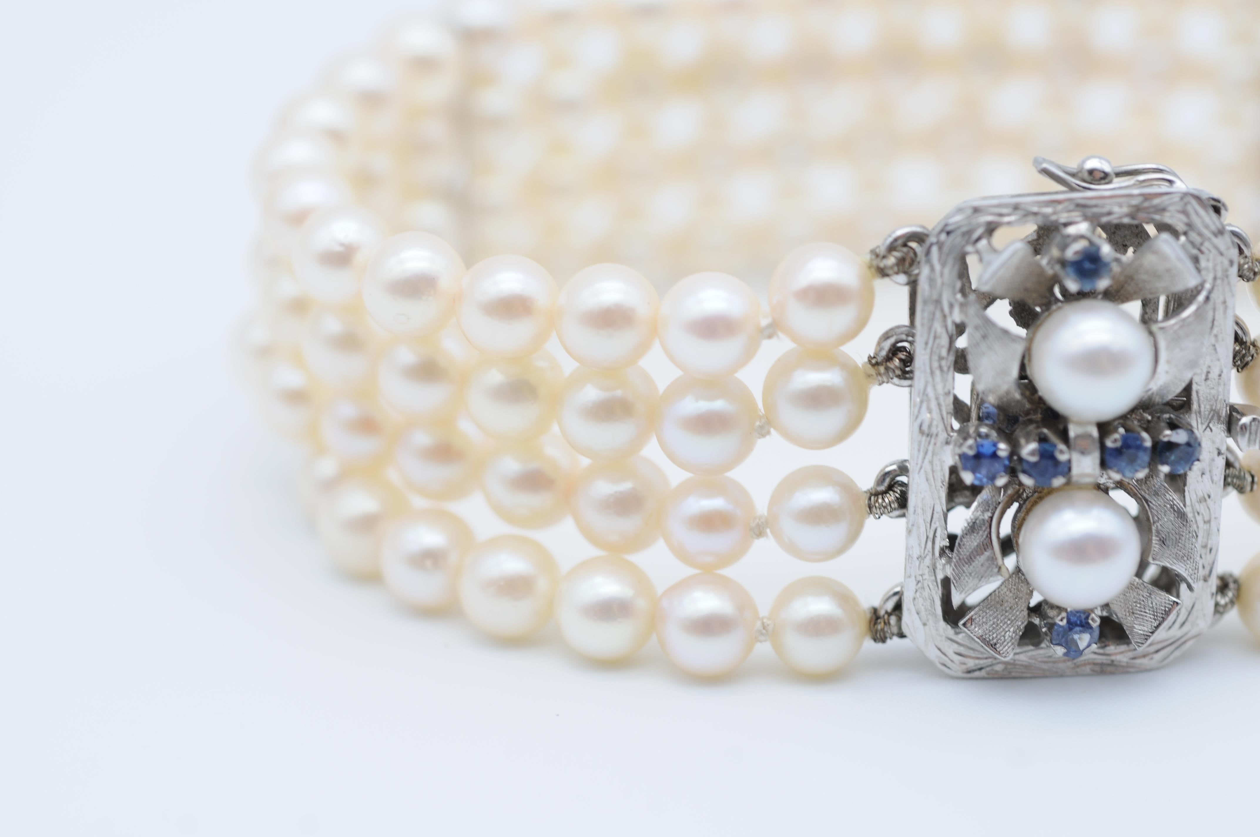 Sugarloaf Cabochon Noble Pearl Bracelet, 14k White Gold and Sapphires For Sale