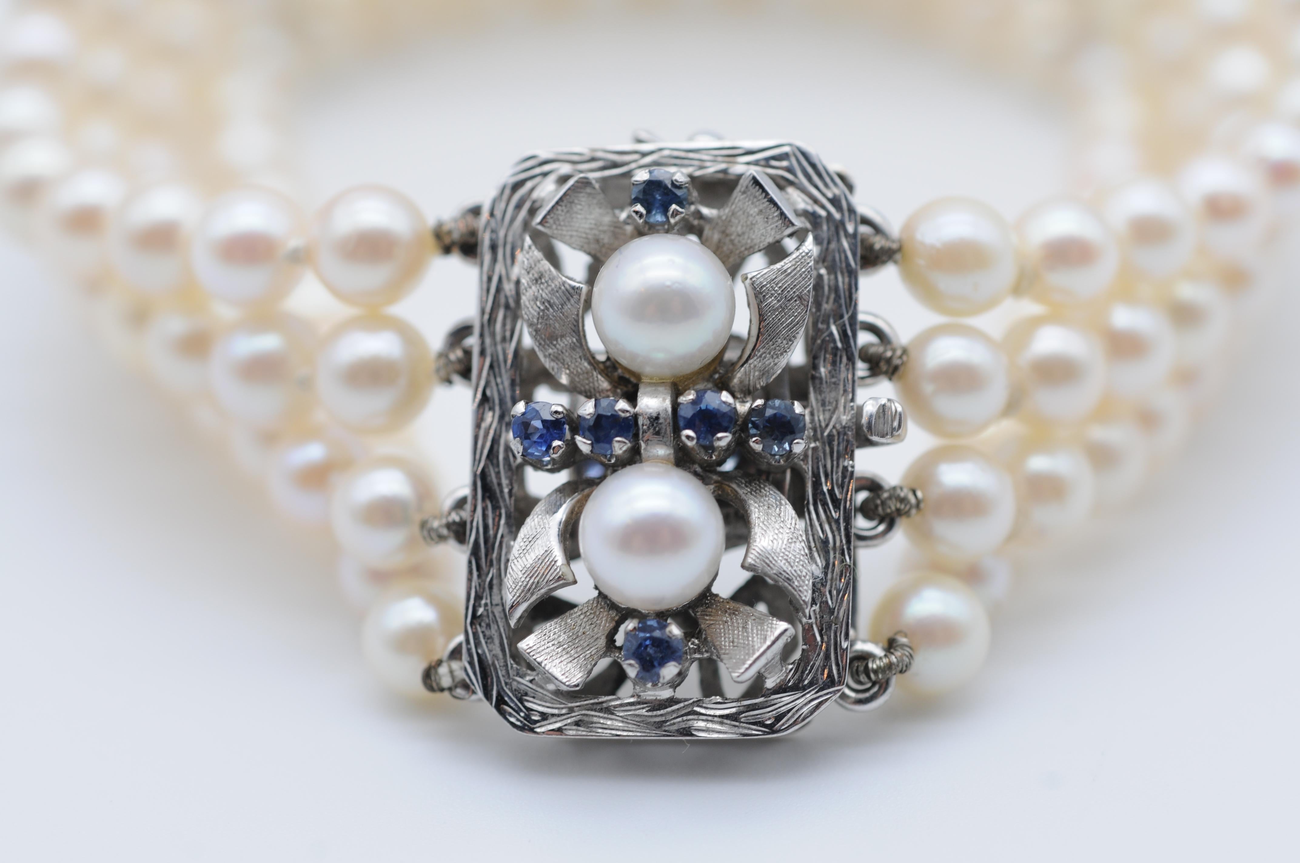 Noble Pearl Bracelet, 14k White Gold and Sapphires For Sale 1