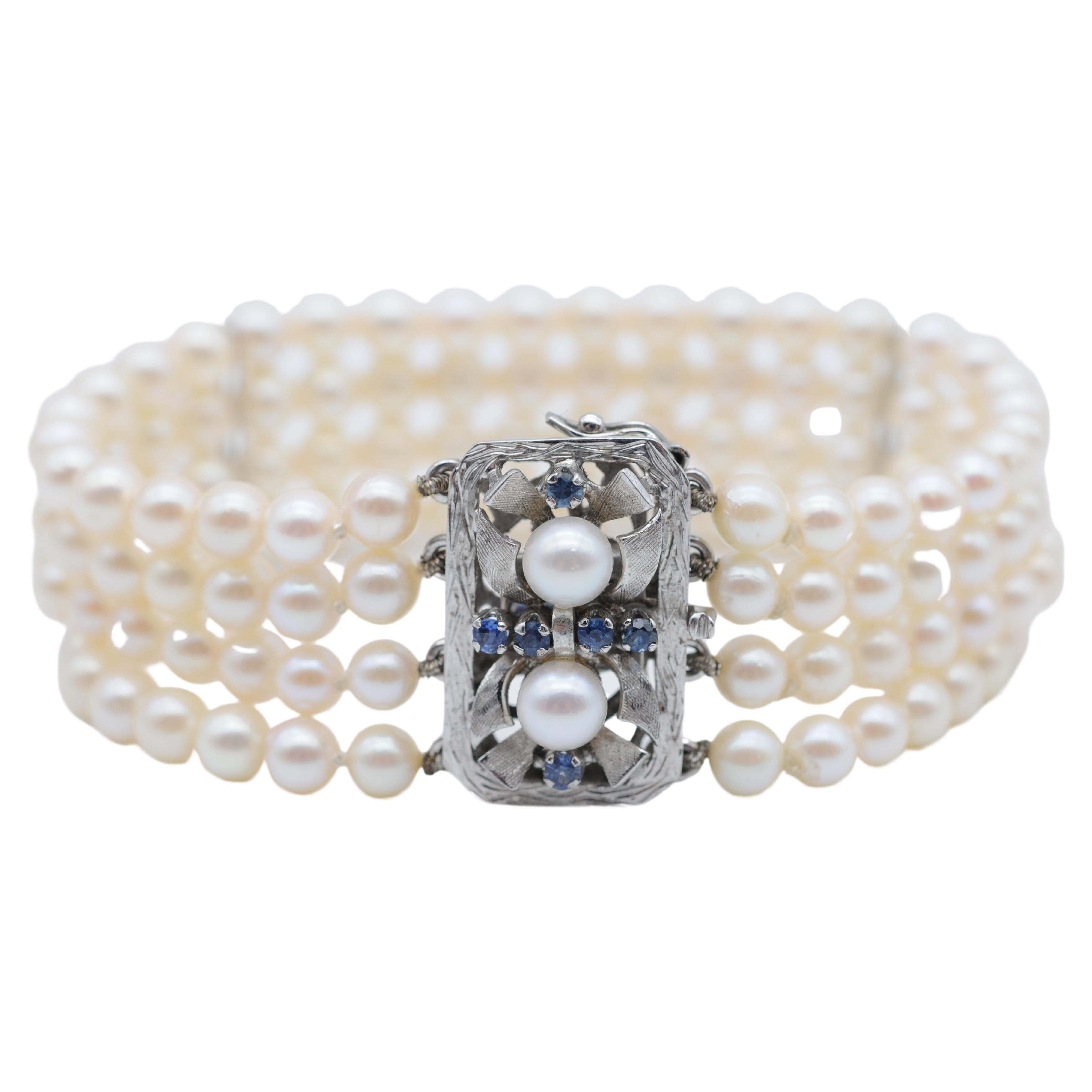 Bracelet de perles nobles, or blanc 14 carats et saphirs
