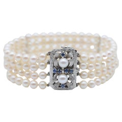Vintage Noble Pearl Bracelet, 14k White Gold and Sapphires