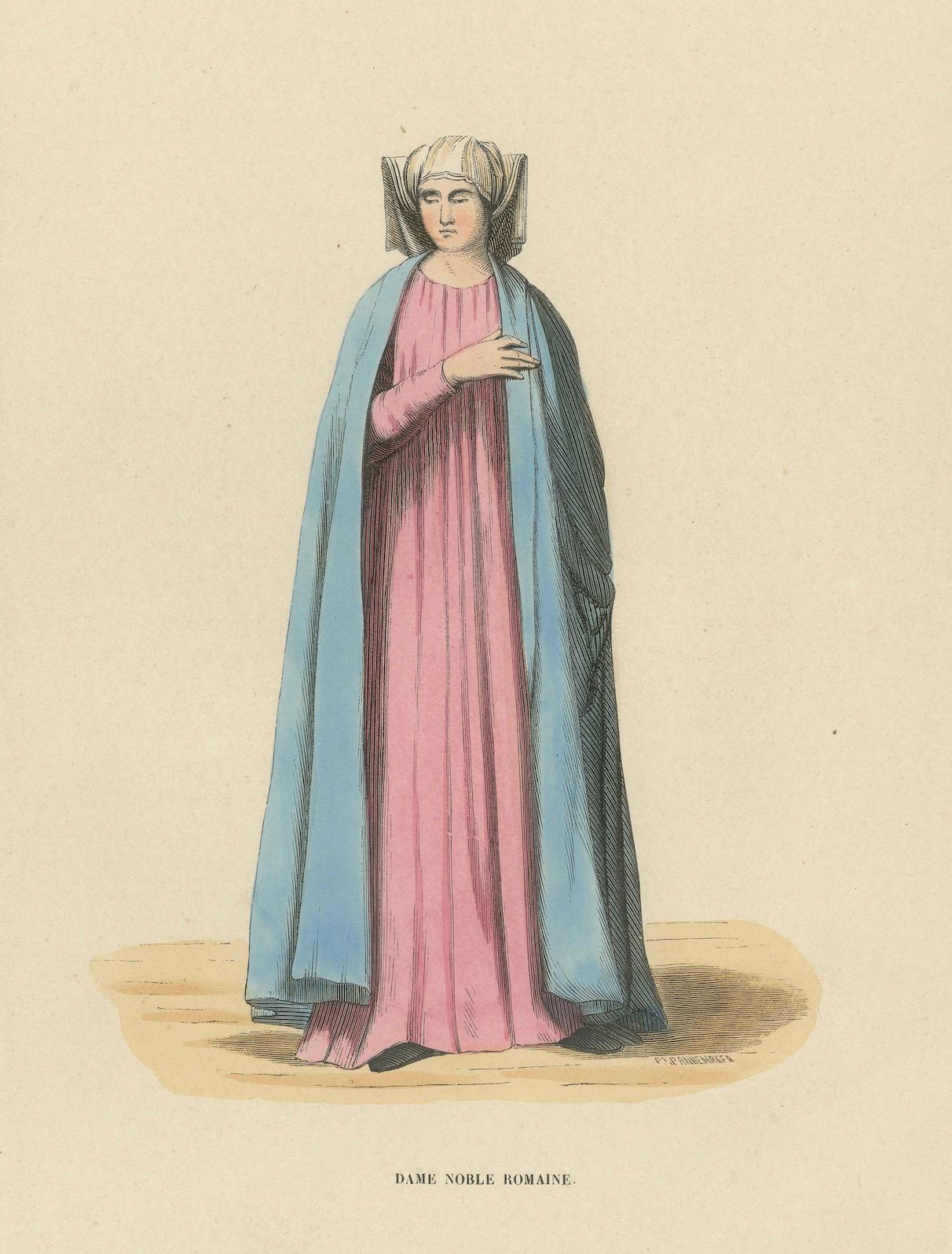 Milieu du XIXe siècle Noble dame romaine du Moyen Âge, colorée à la main et publiée en 1847 en vente