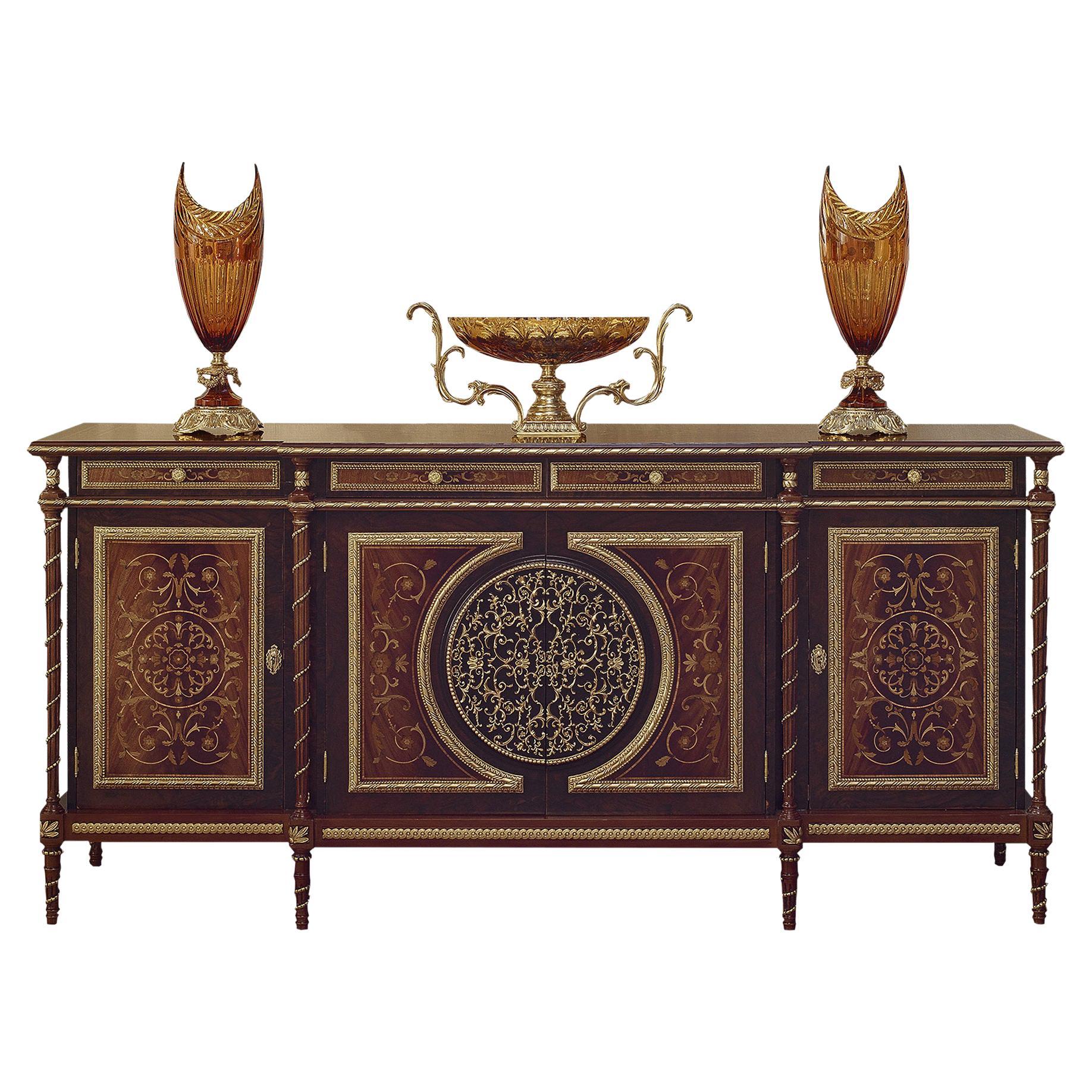 Noble Sideboard with Drawers in Natural Wood Finish and Radica Inlays For Sale