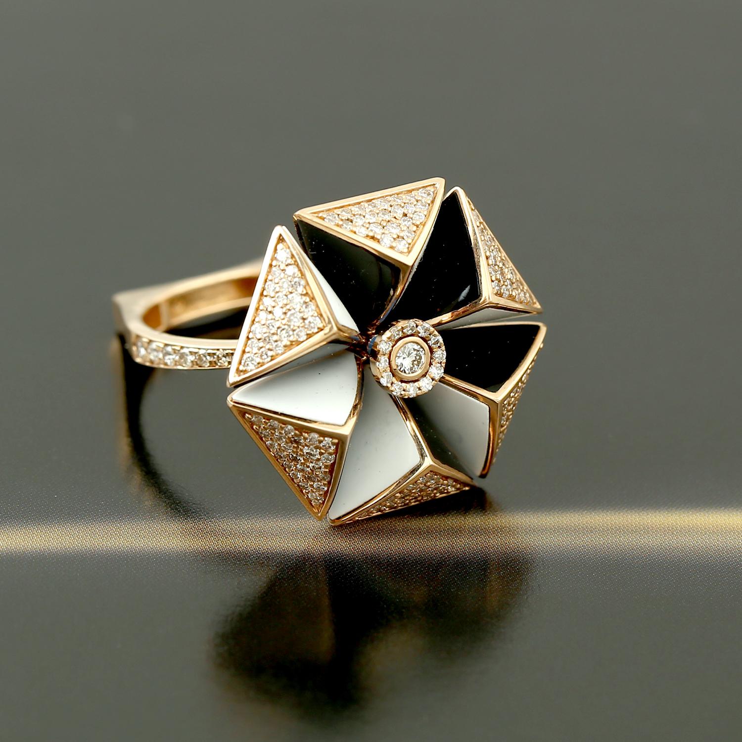 Artisan Noble Star 18k Rose Gold Ring with Open Concept in Black & White Ceramic For Sale