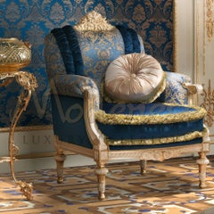 Noble Venetian Armchair in Blue and Gold Fabrics with Pillow