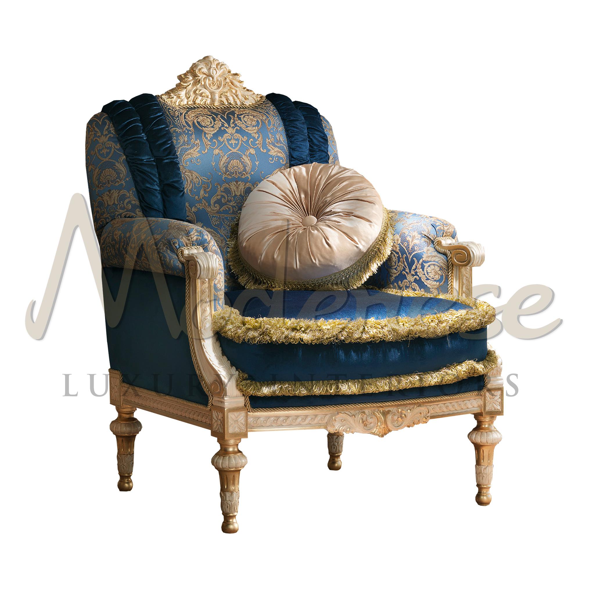 Italian Noble Venetian Armchair in Blue and Gold Fabrics with Pillow For Sale