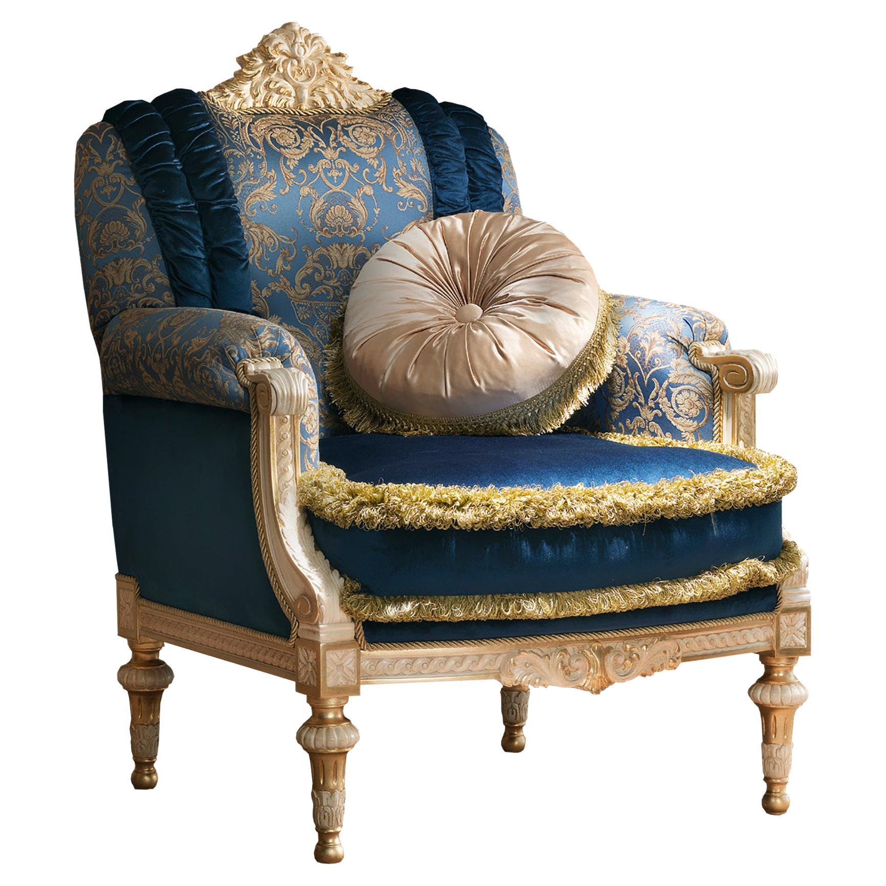 Noble Venetian Armchair in Blue and Gold Fabrics with Pillow For Sale