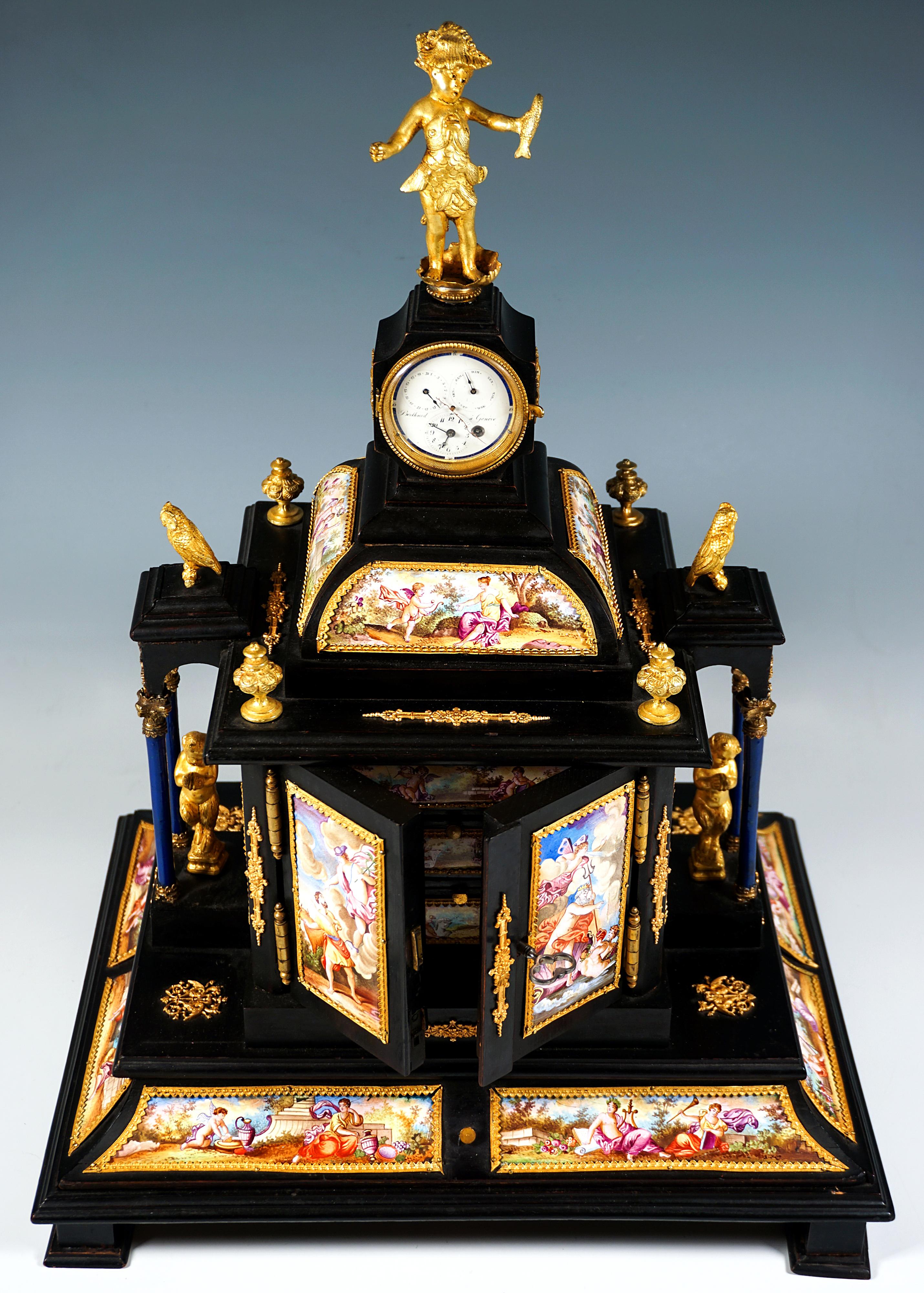 Nobile Jewell Case viennese con dipinti a smalto, figure in bronzo e orologio, 1870 ca. in vendita 7