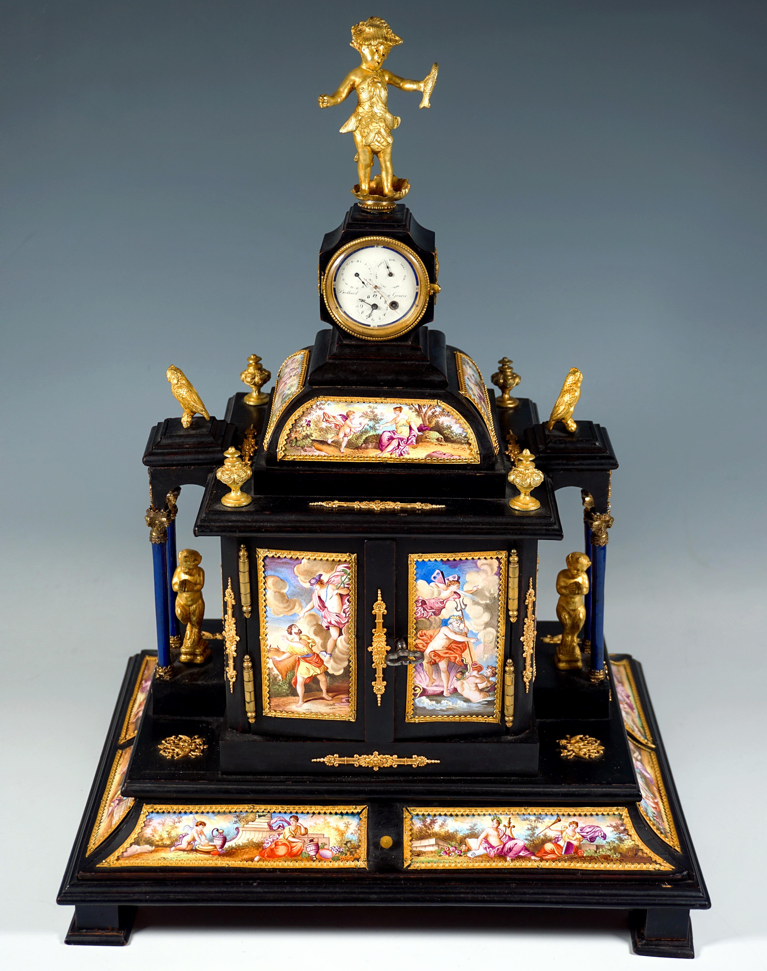Altro Nobile Jewell Case viennese con dipinti a smalto, figure in bronzo e orologio, 1870 ca. in vendita