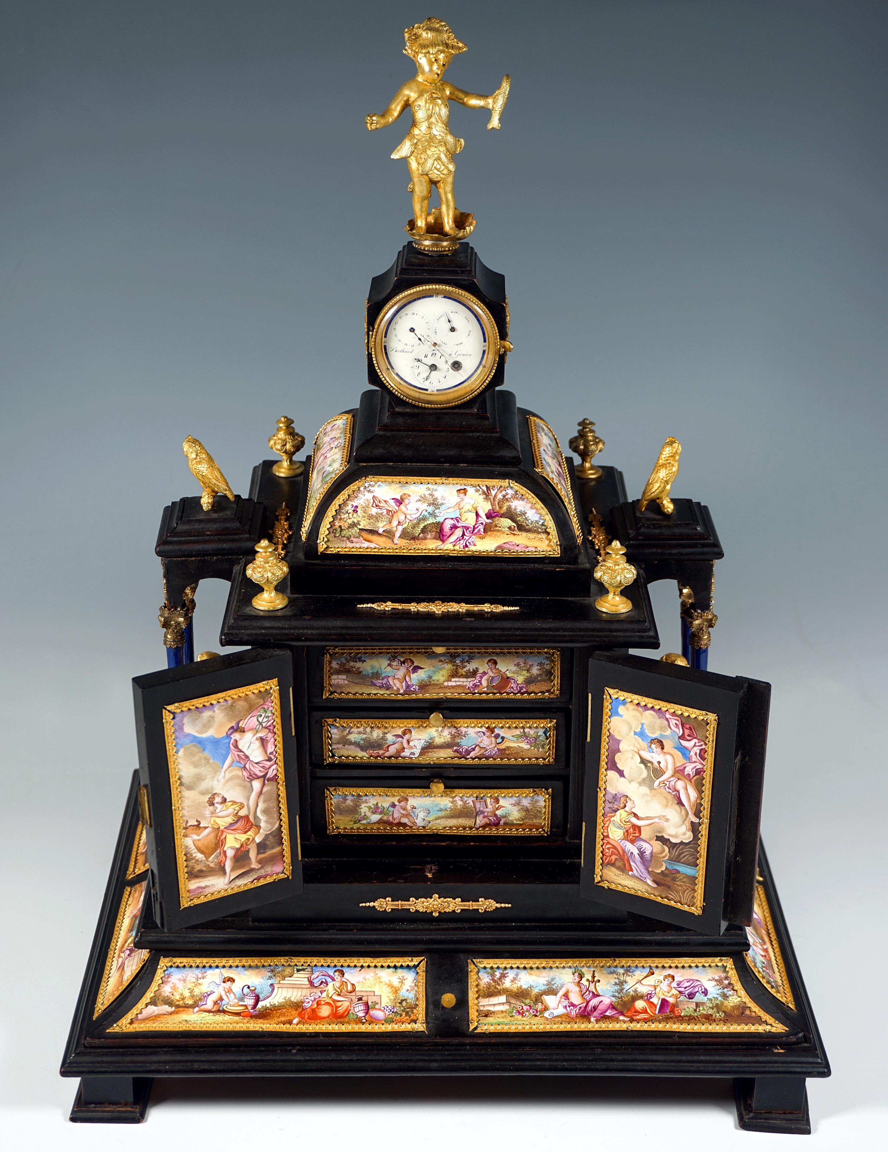 Austriaco Nobile Jewell Case viennese con dipinti a smalto, figure in bronzo e orologio, 1870 ca. in vendita