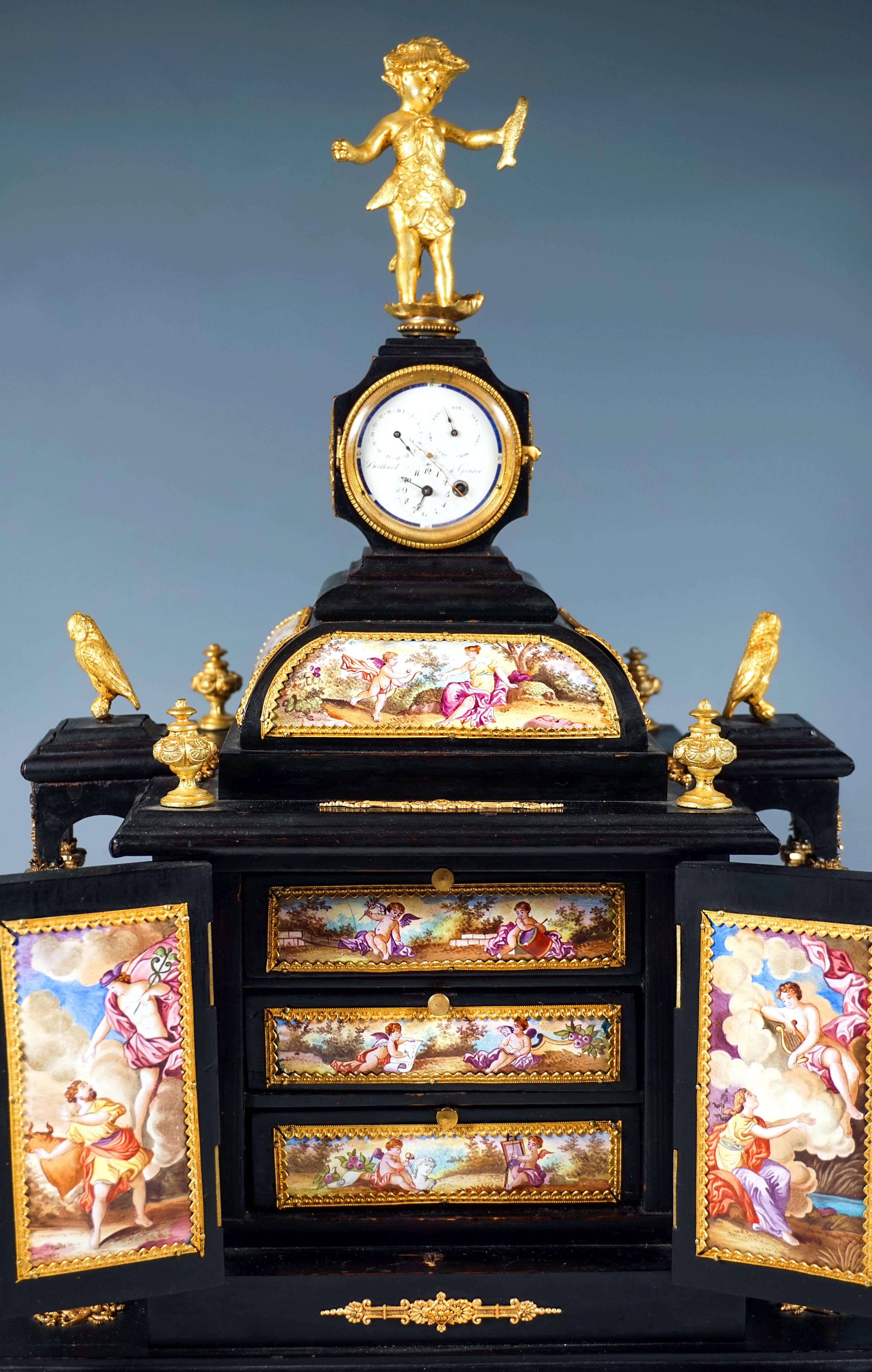 Ottone Nobile Jewell Case viennese con dipinti a smalto, figure in bronzo e orologio, 1870 ca. in vendita