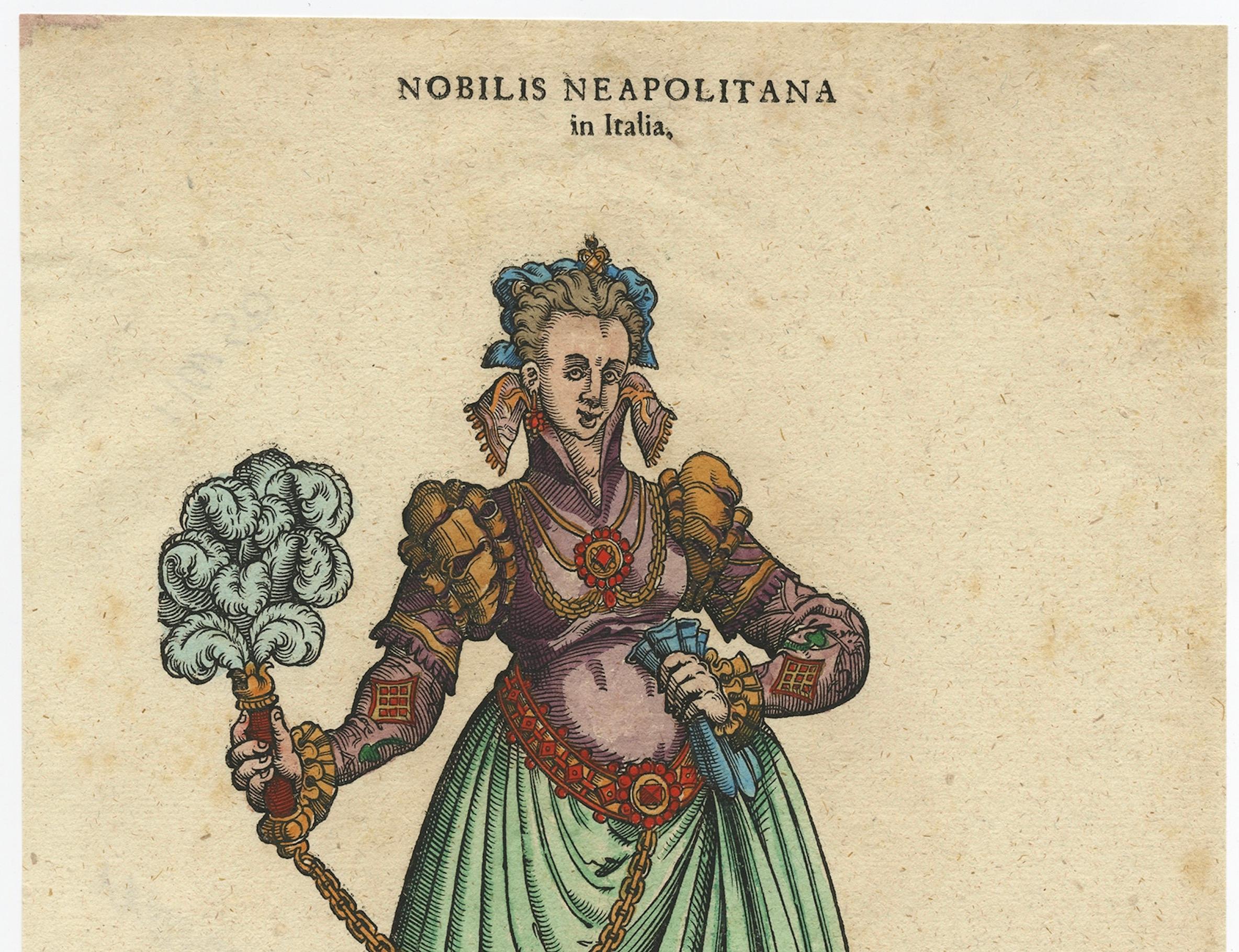 Noblewoman of Naples – Antique Hand-Coloured Woodcut by Jost Amman, Plate CXLVIII, 1577

This fine 16th-century hand-coloured woodcut depicts a noblewoman from Naples, titled Nobilis Neopolitana in Italia. She is elegantly dressed in a richly
