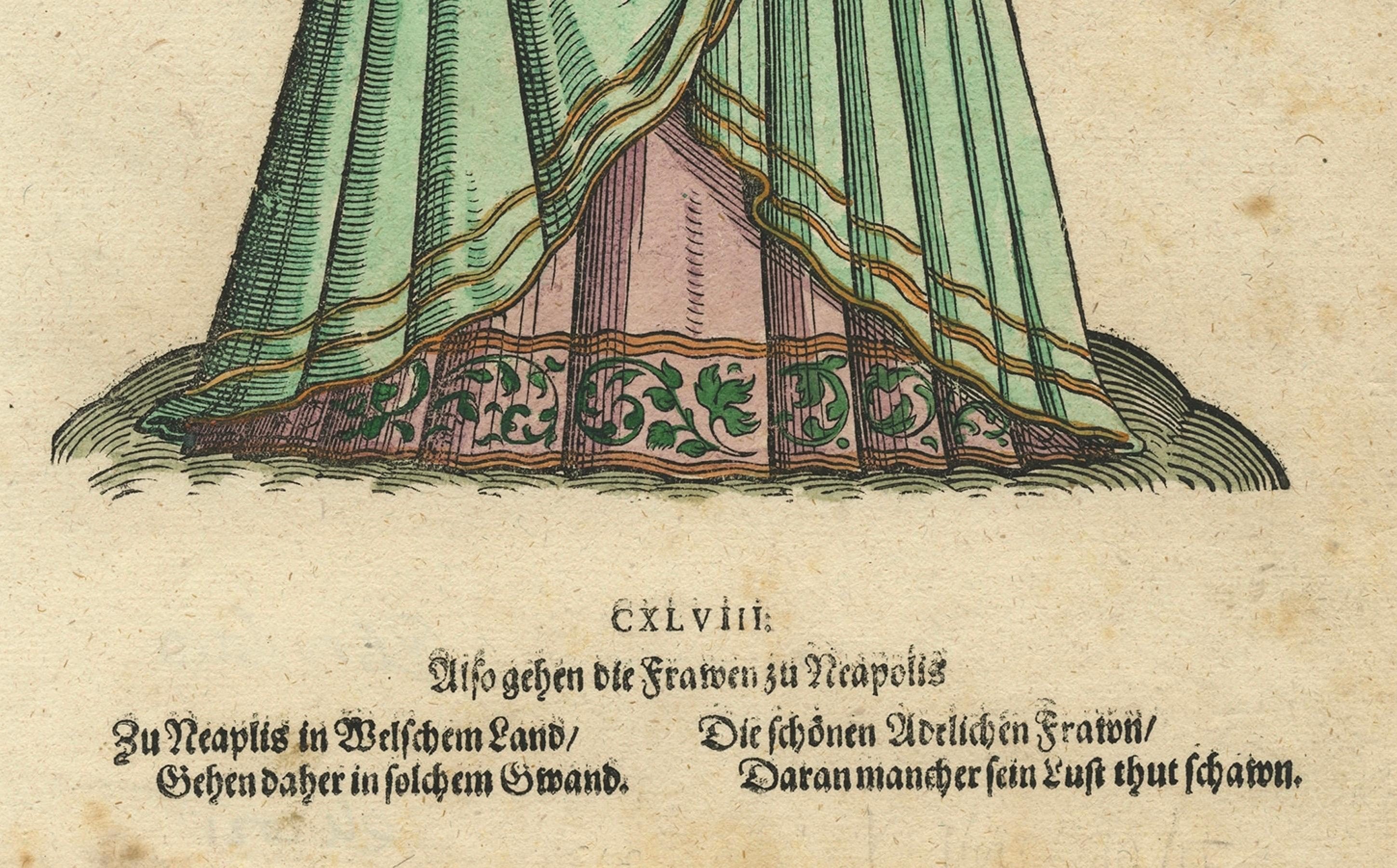 Engraved Noblewoman of Naples – Rare Antique Costume Woodcut, Jost Amman, 1577 For Sale