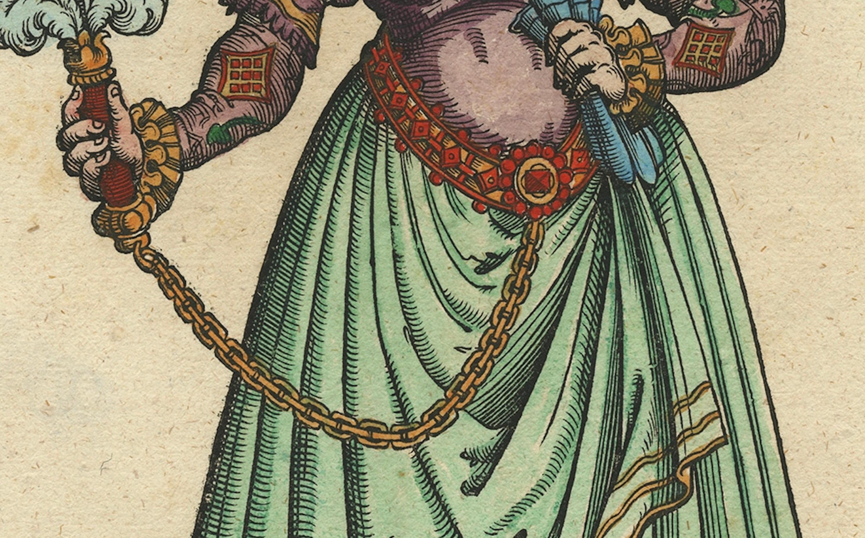 Noblewoman of Naples – Rare Antique Costume Woodcut, Jost Amman, 1577 In Good Condition For Sale In Langweer, NL