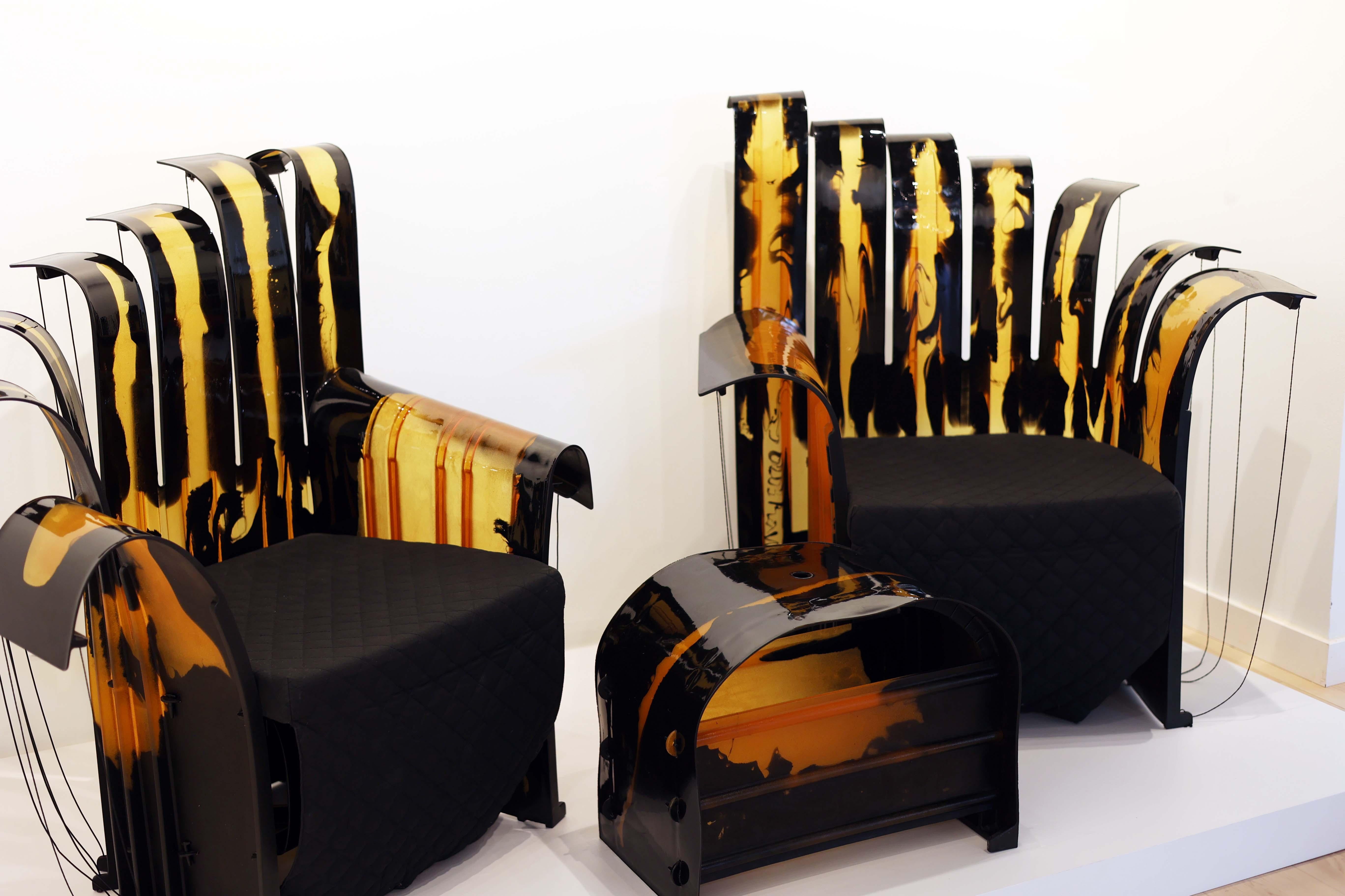 From the Zerodisegno Nobody's Perfect series in 2003. One of the only full sets known to exist. Nobody's King, Nobody's Queen, and Nobody's Pouf make up one of the rarest and most sought after Pesce seating sets on earth. Spectacular black and gold