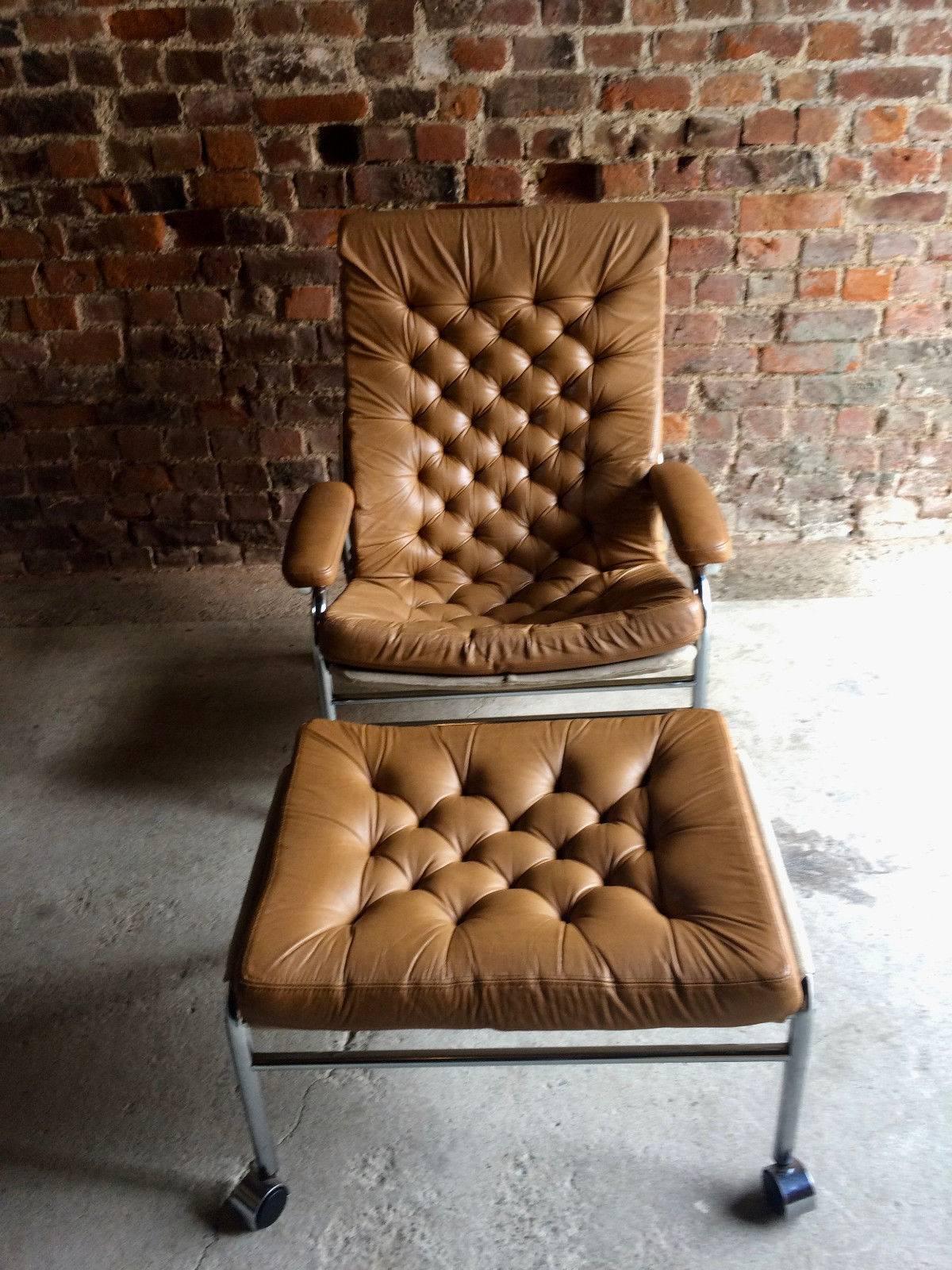 Noboru Nakamura pour IKEA Bore Chaise longue et pouf en cuir 1970 Très rare 1
