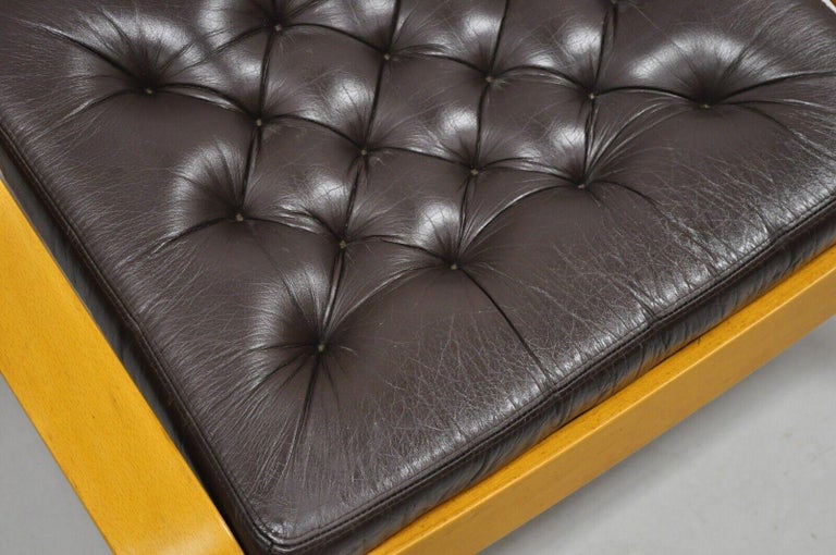 20th Century Noboru Nakamura Vintage Poang Bentwood Brown Tufted Leather Ottoman For Sale