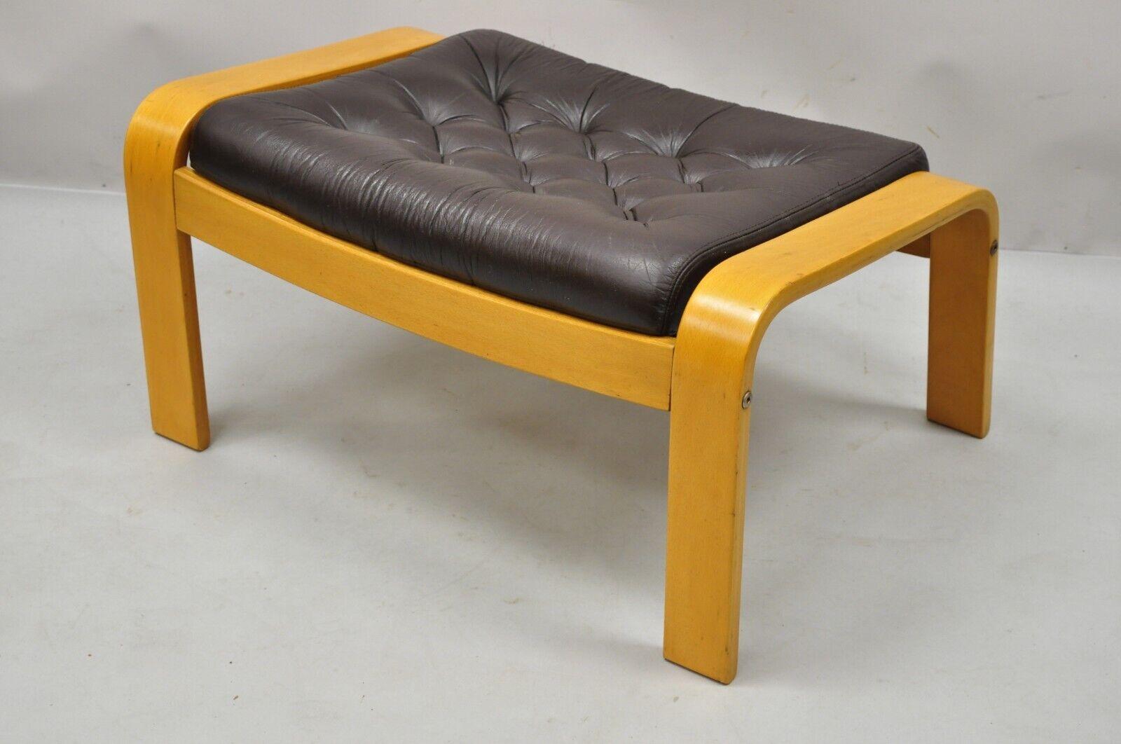 20th Century Noboru Nakamura Vintage Poang Bentwood Brown Tufted Leather Ottoman For Sale